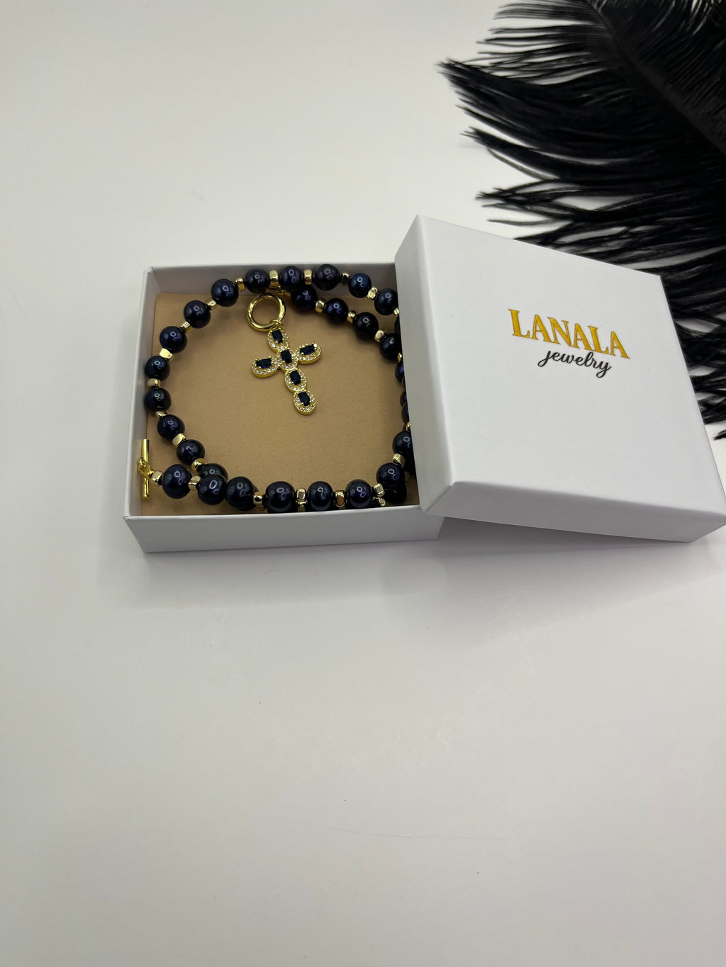 Blue Pearl Choker Necklace with Cross pendant: 18K Gold Plated