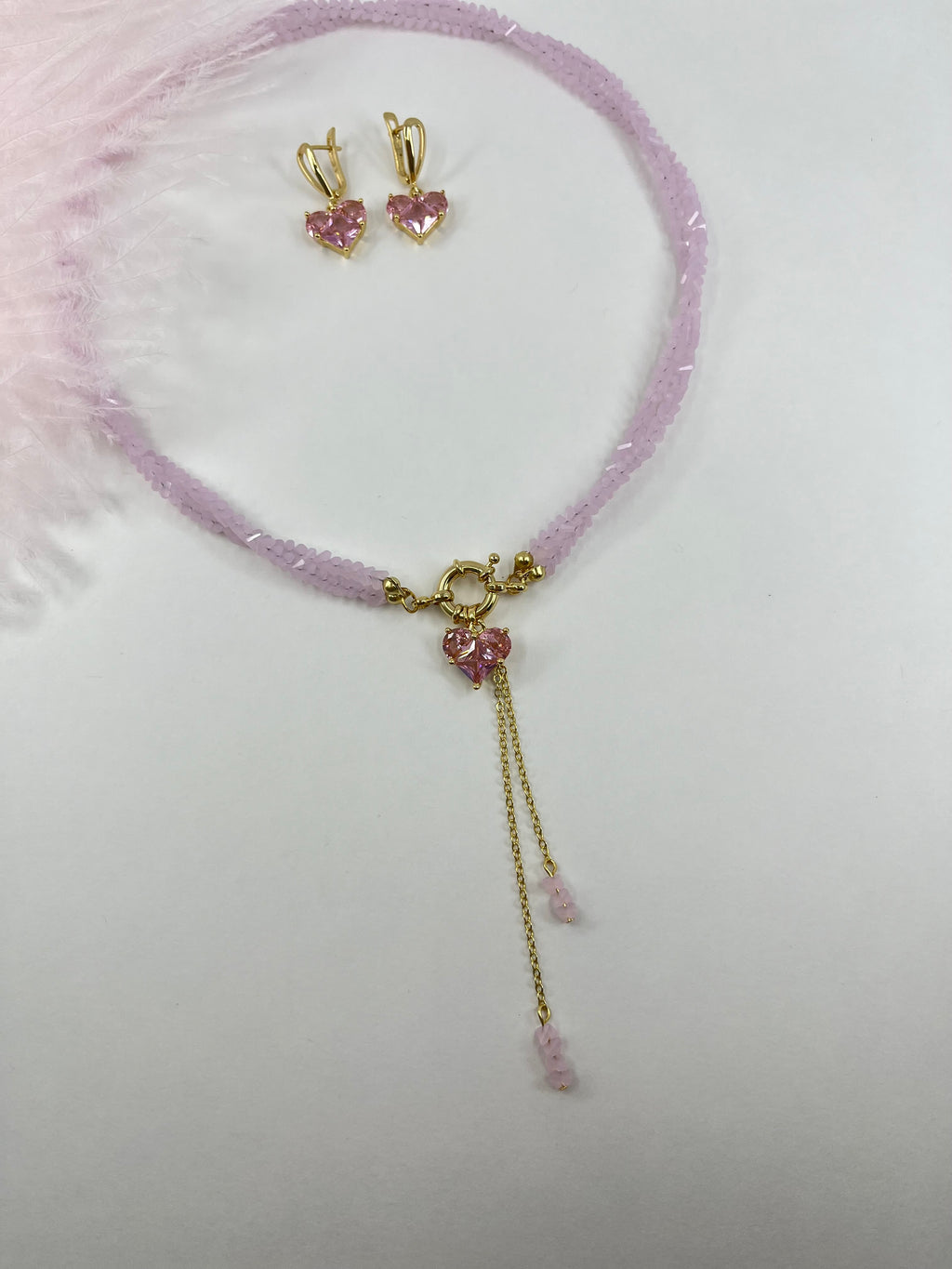 Set: Heart Pink Crystal Y-Necklace and Earrings – 18K Gold Plated, Cubic Zirconia