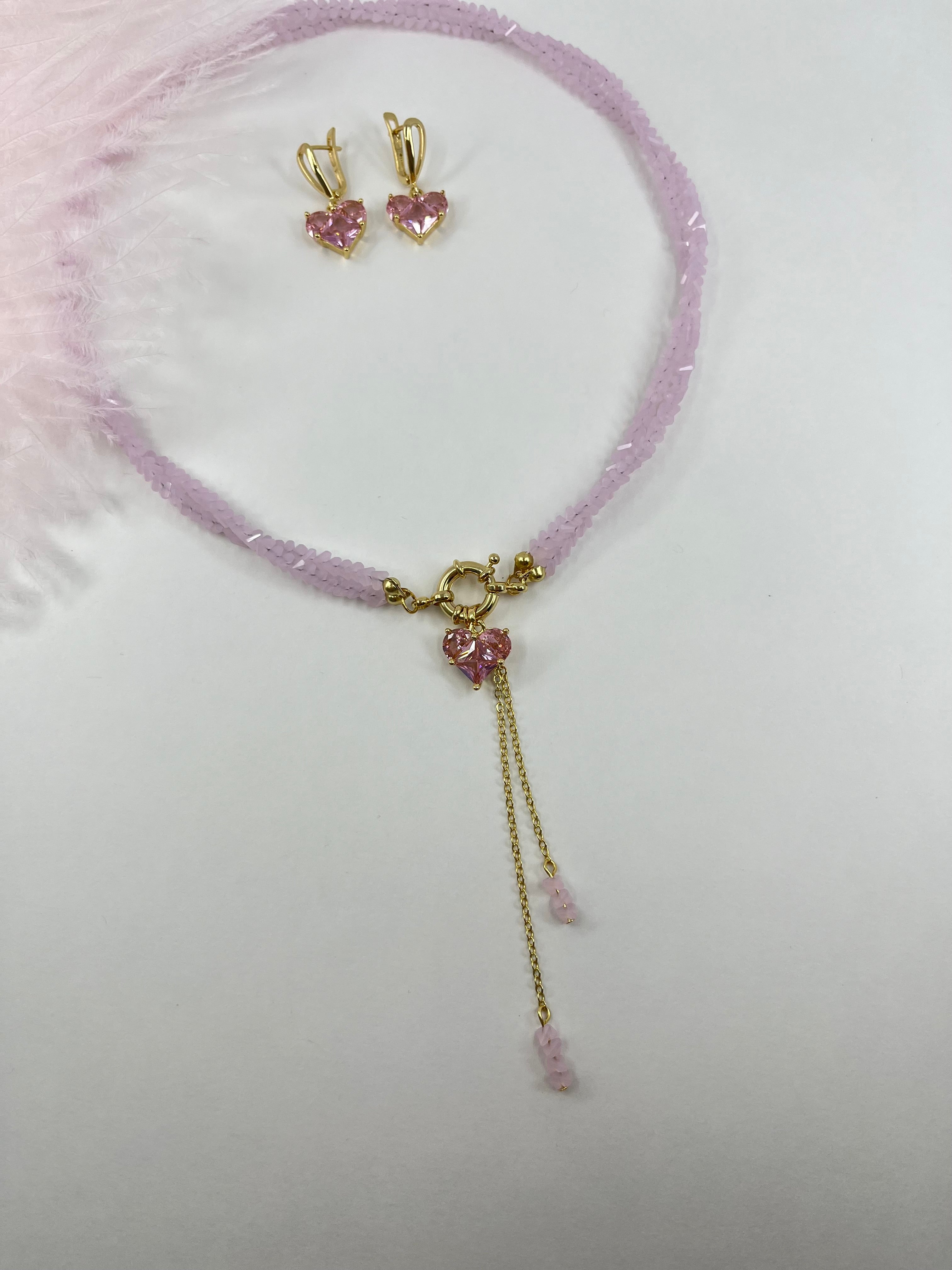 Set: Heart Pink Crystal Y-Necklace and Earrings – 18K Gold Plated, Cubic Zirconia