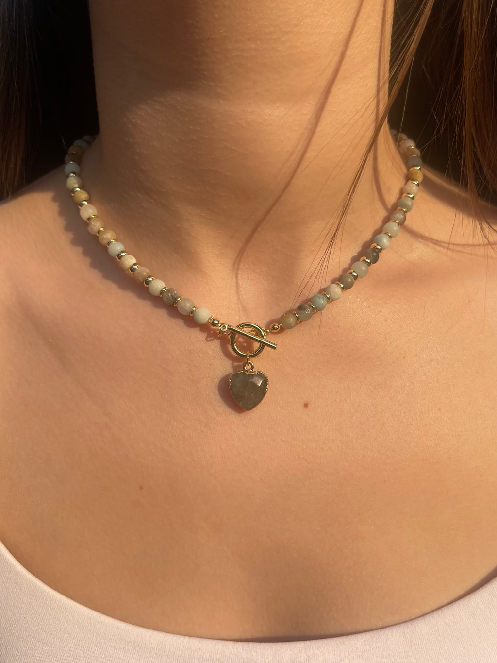 Natural Amazonite Heart Necklace, 18k gold plated clasp
