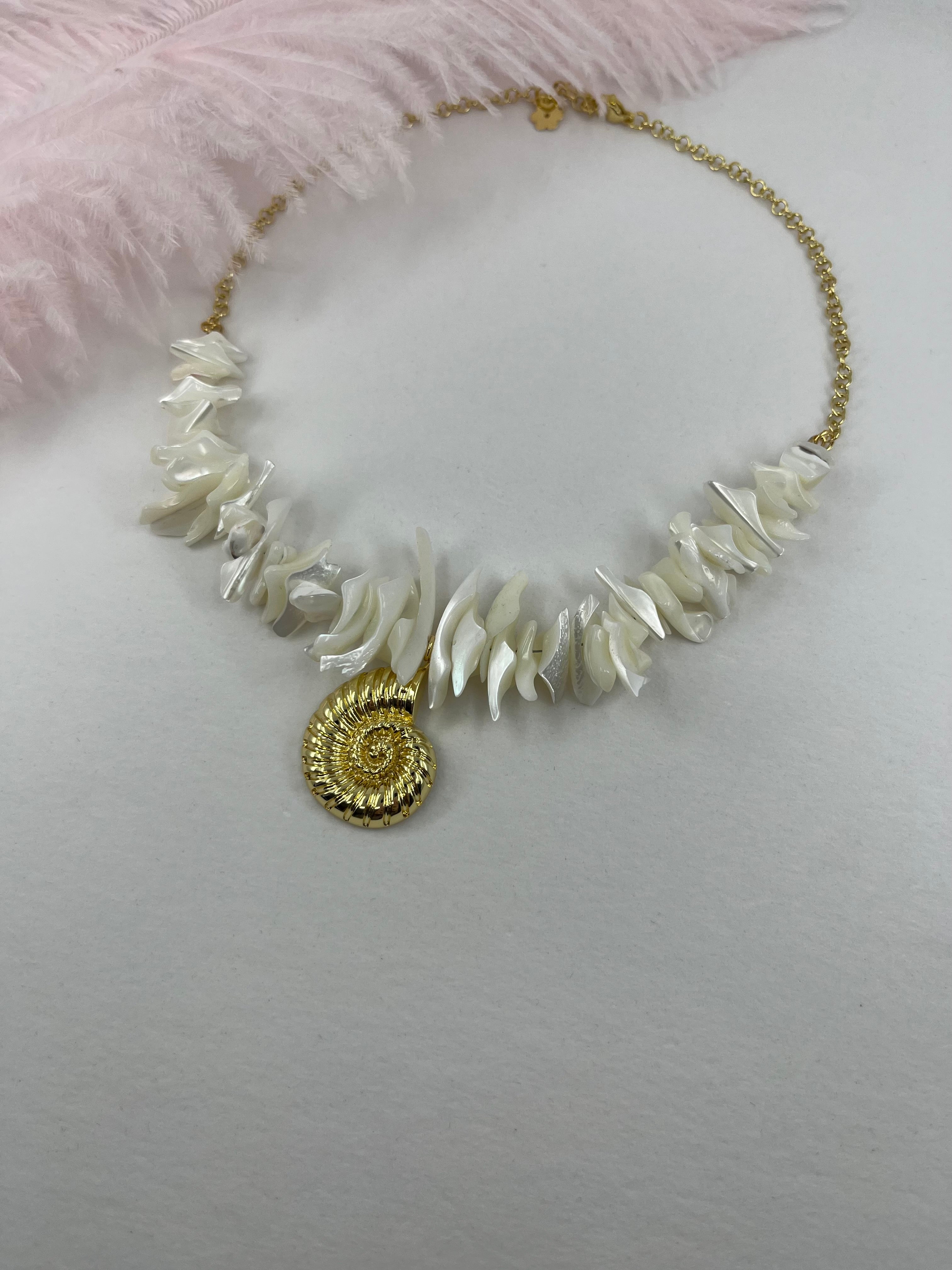Natural Trochid Shell Necklace with Conch Charm, 18K Gold Plated