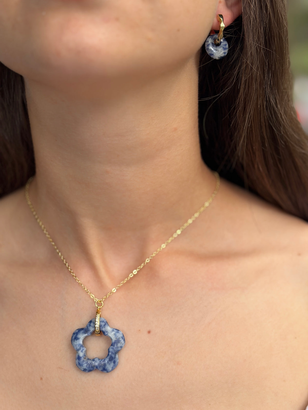 Blue spot jasper donut Earrings and sodalite necklace, 18K Gold Plated