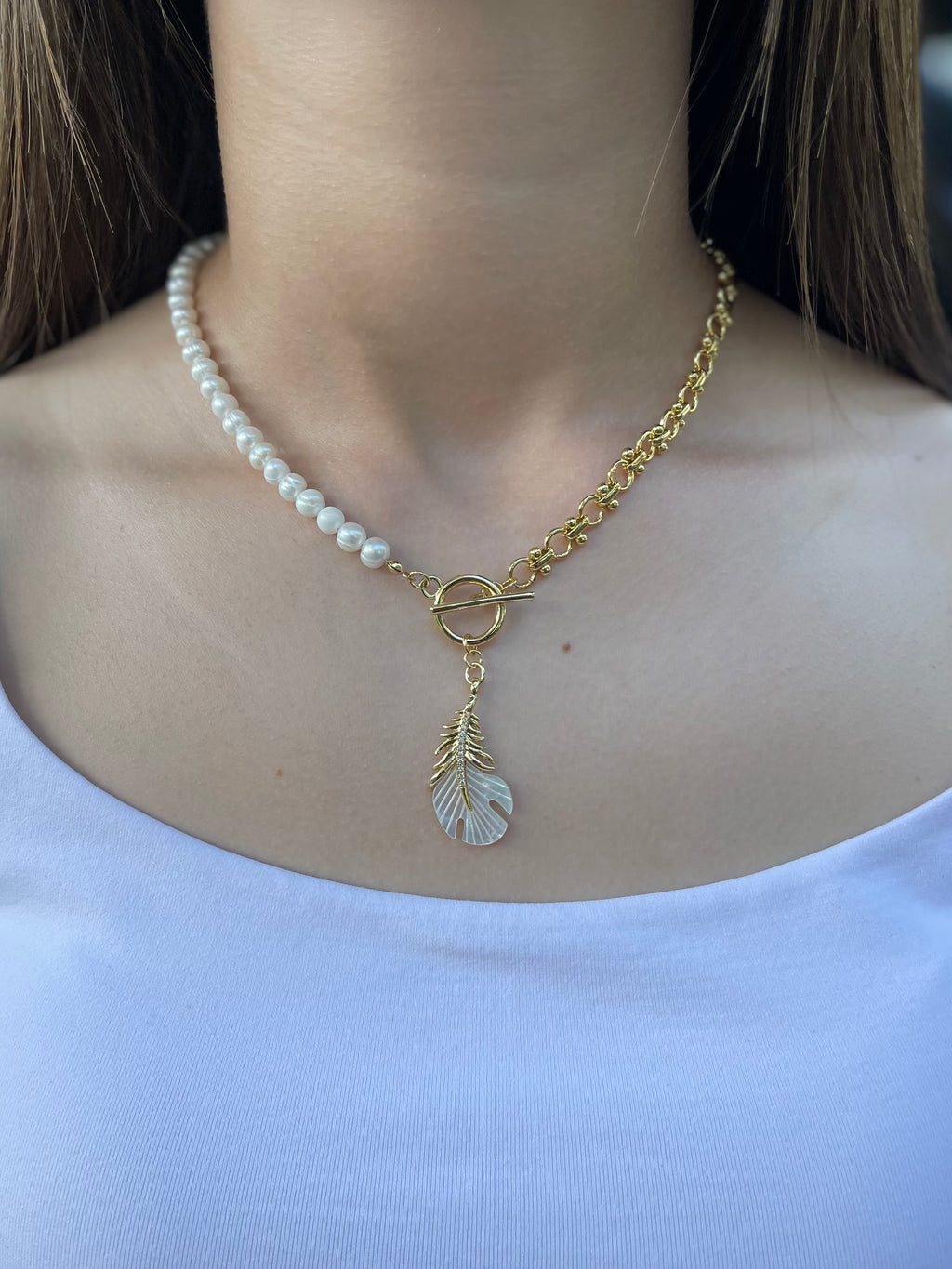 Asymmetrical Pearl Necklace with Feather Pendant, 18K Gold Plated Chain