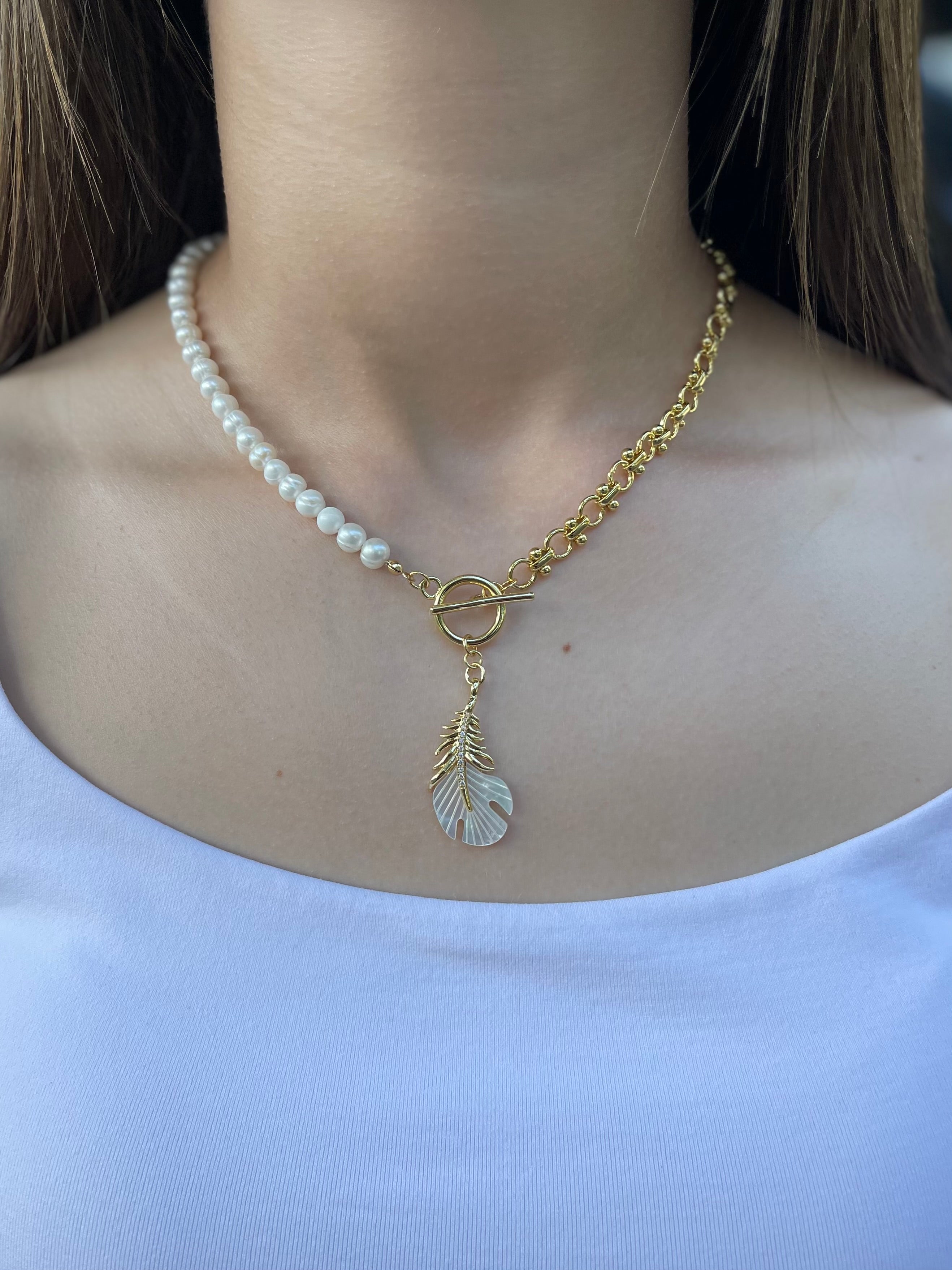 Asymmetrical Pearl Necklace with Feather Pendant, 18K Gold Plated Chain