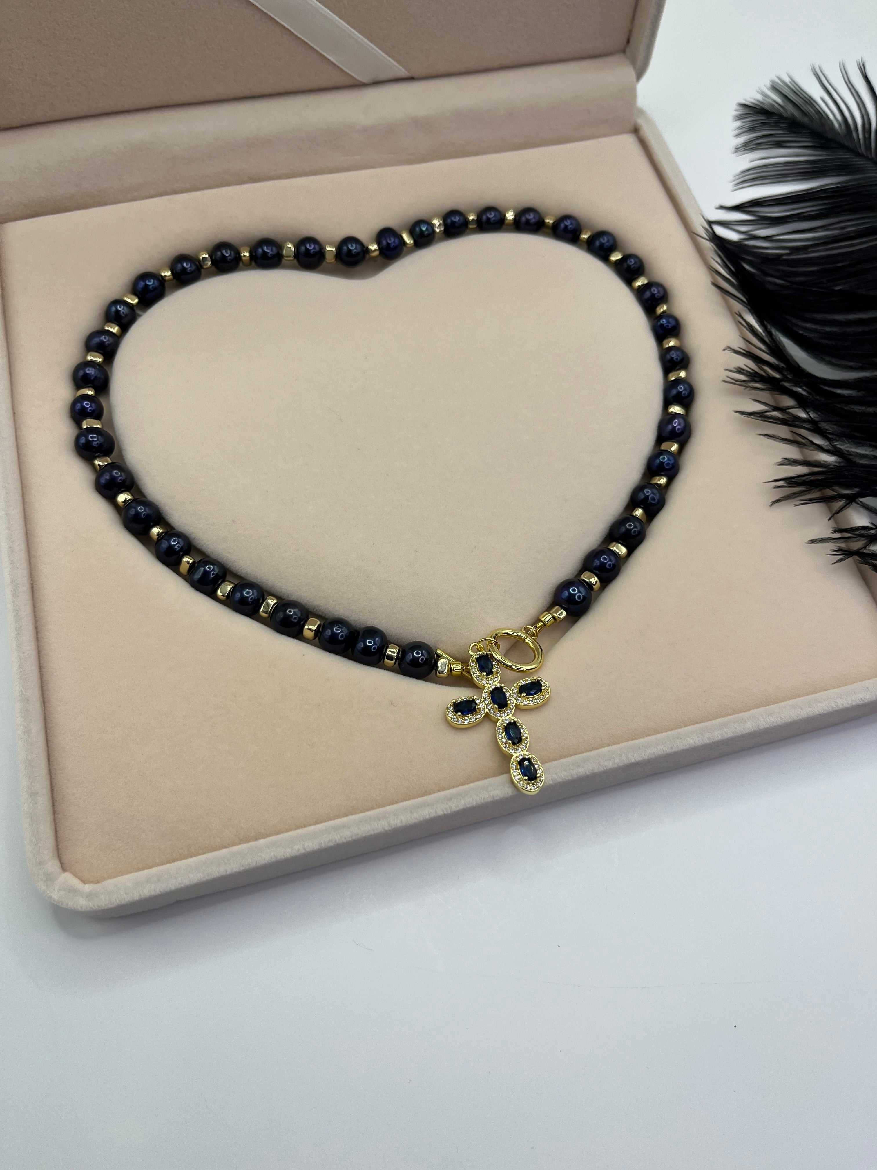 Blue Pearl Choker Necklace with Cross pendant: 18K Gold Plated