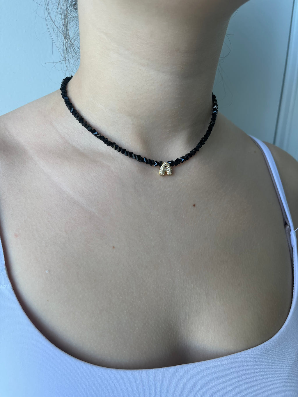 Initial Charm Black Crystal Necklace – 18K Gold Plated, Cubic Zirconia