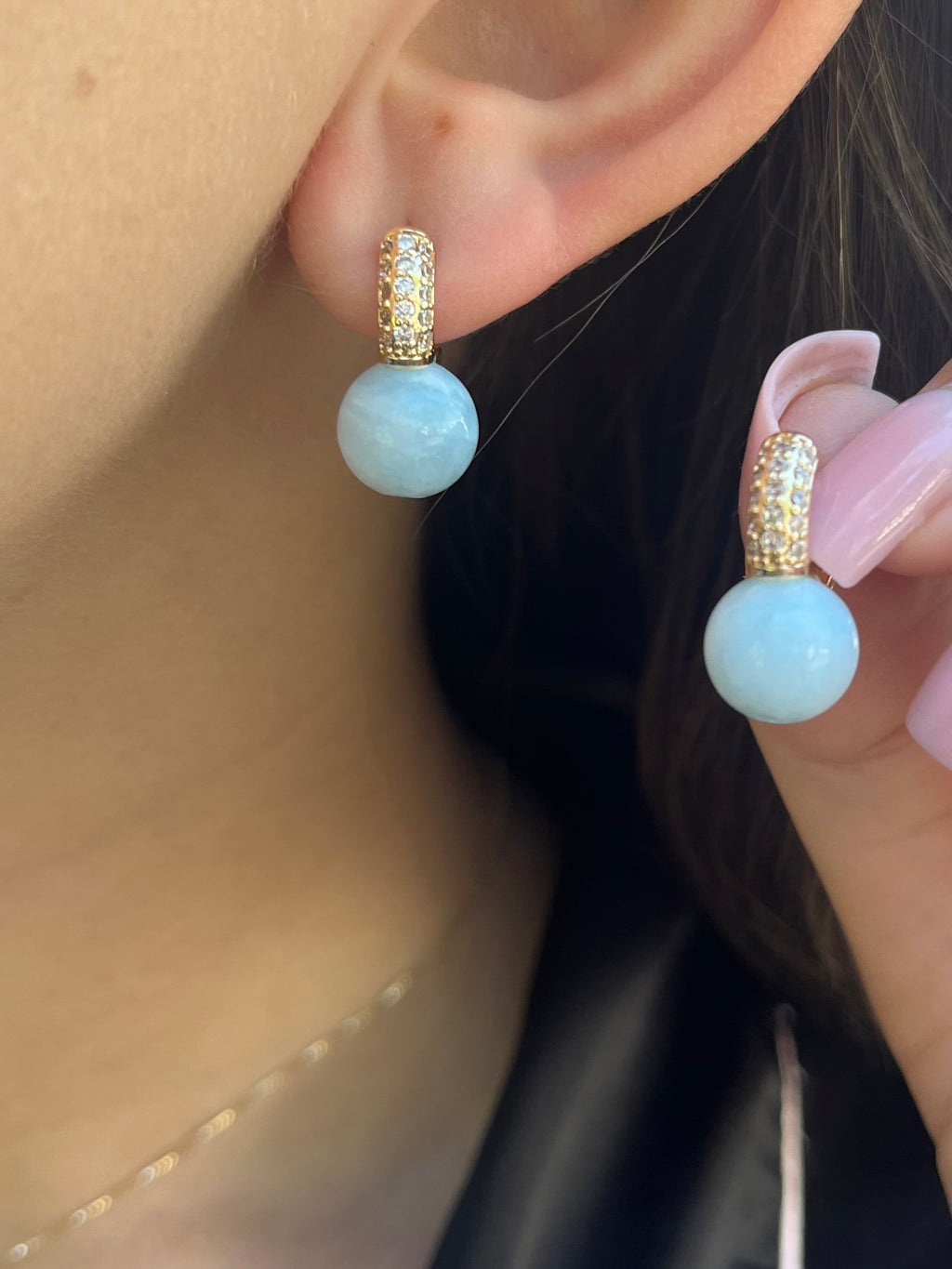 Natural light blue Jade Gold Zirconia Earrings