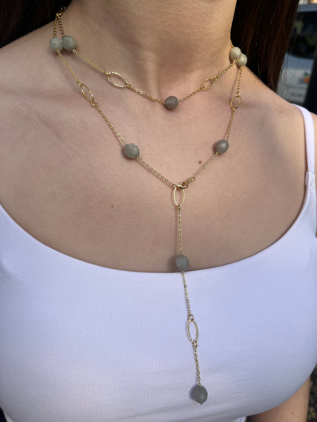 Layered Long Natural Malaysia Jade Necklace with 18K Gold chain