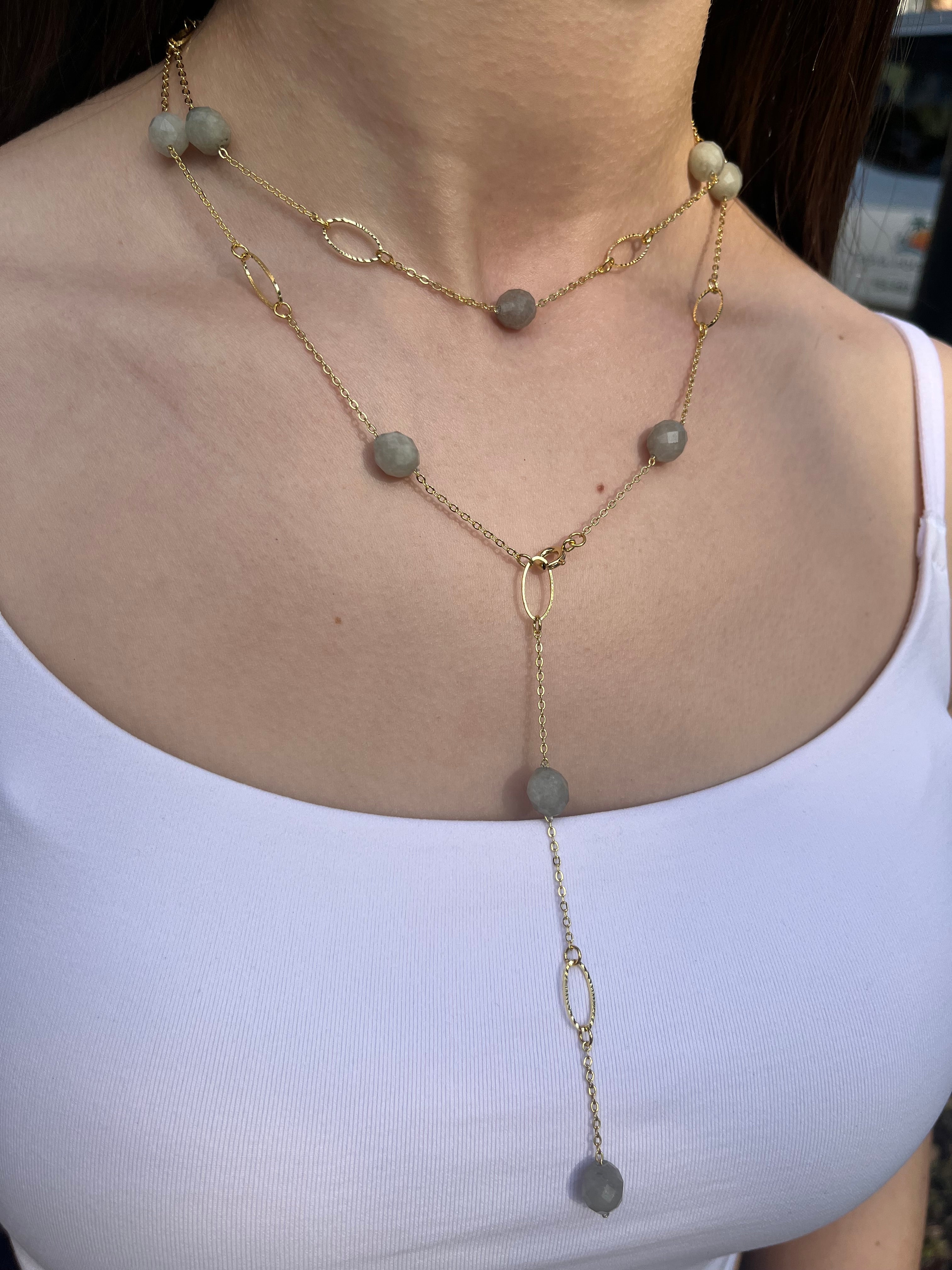 Layered Long Natural Malaysia Jade Necklace with 18K Gold chain