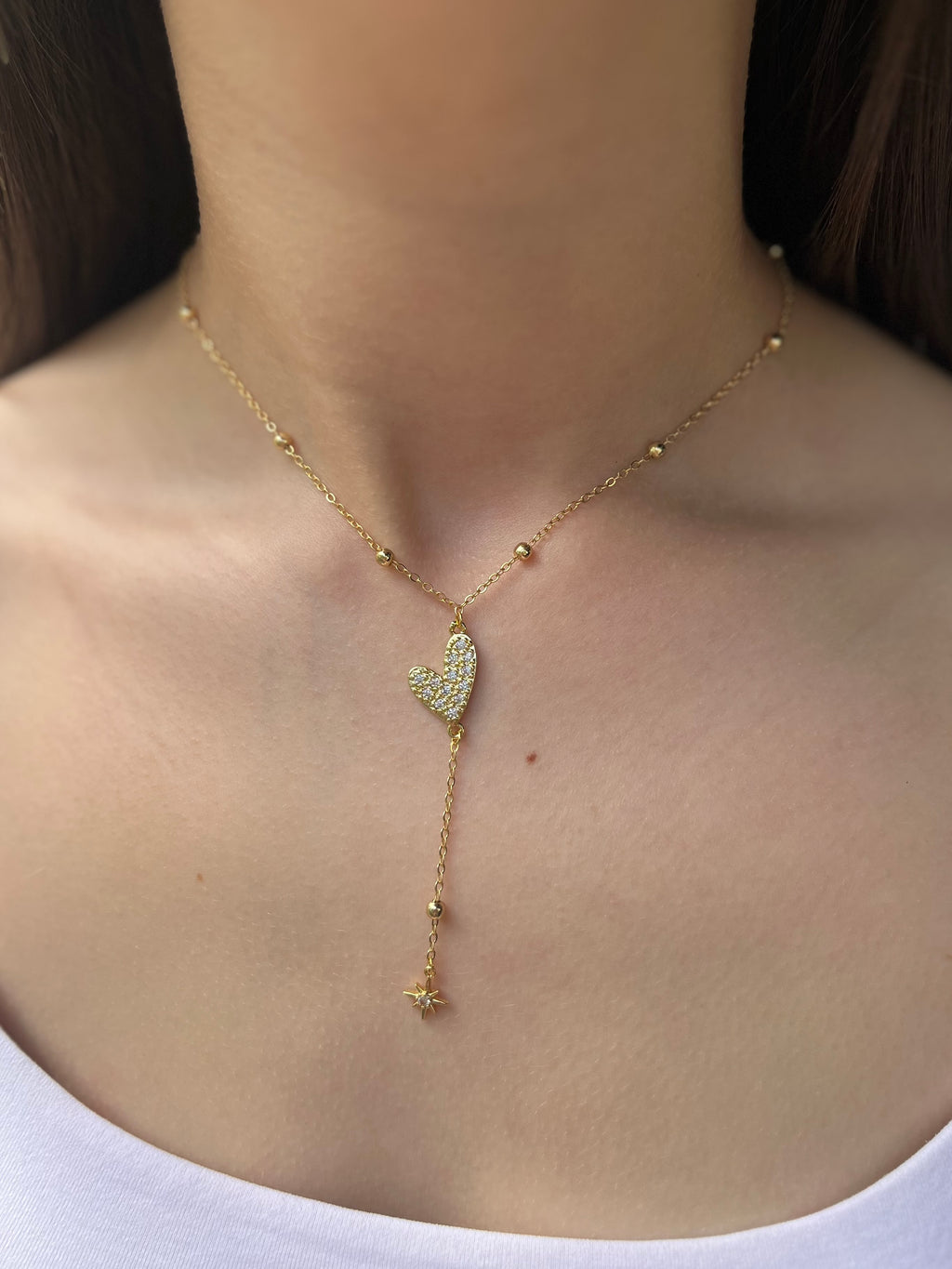 Lariat Y-Necklace, zirconia heart pendant 18k gold plated