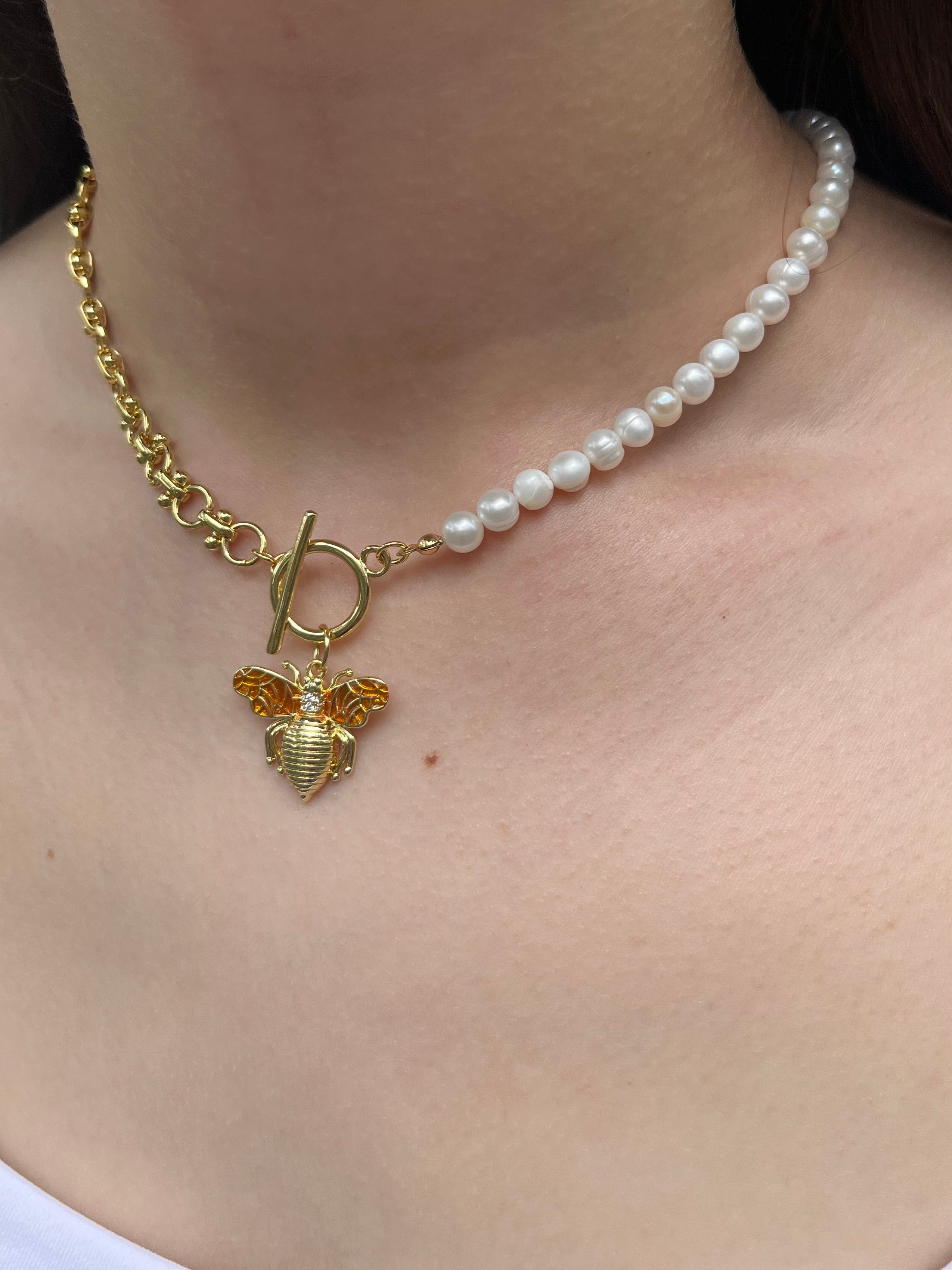 Asymmetrical Pearl Necklace with Bee Pendant, 18K Gold Plated Chain