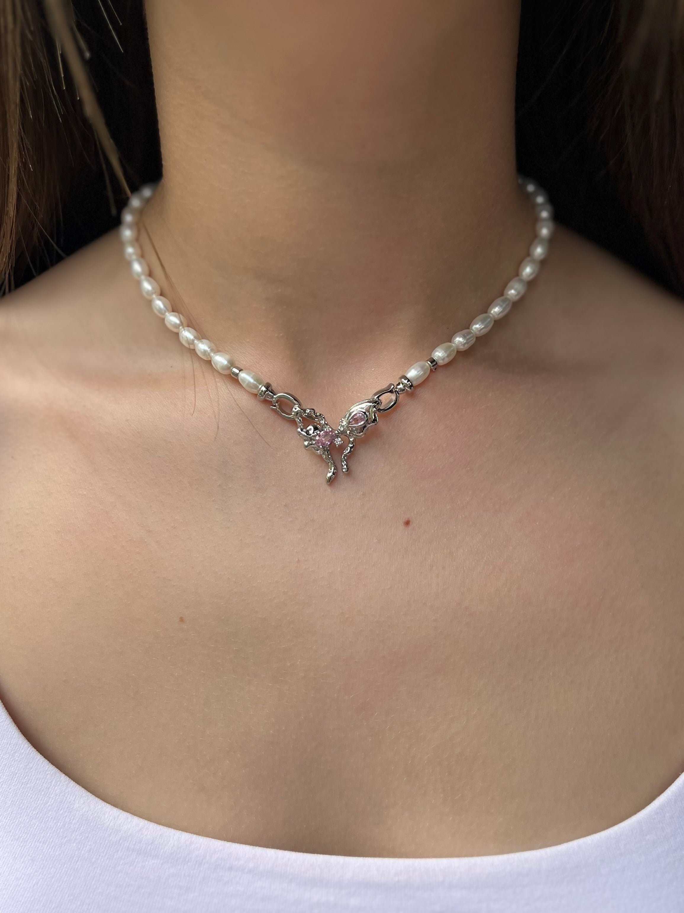 Natural Pearl Necklace with butterfly Clasp