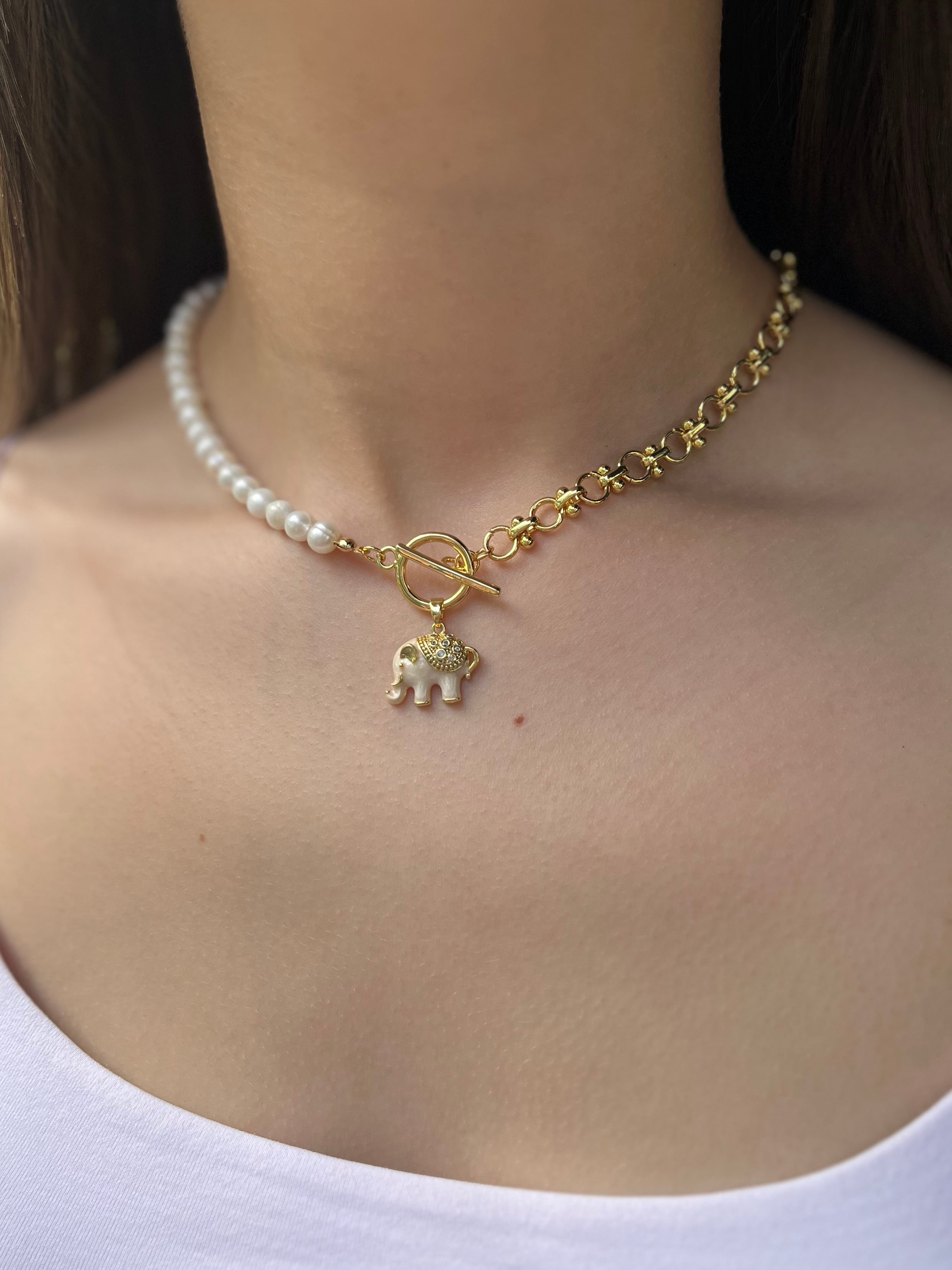 Asymmetrical Pearl Necklace with Elephant Pendant, 18K Gold Plated Chain