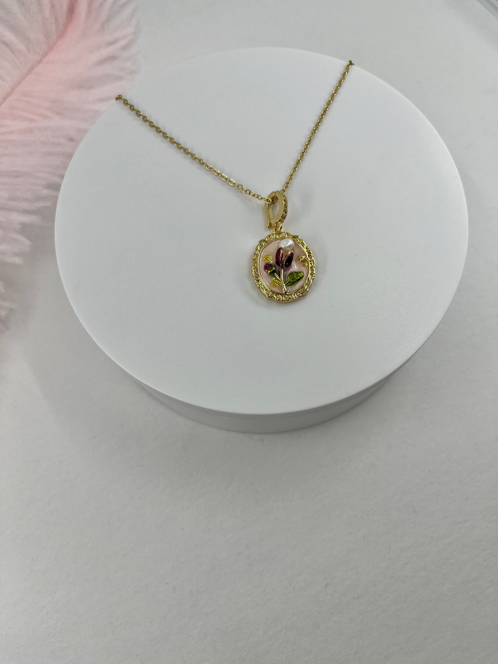 18K Gold Flower Enamel Pearl Pendant Necklace