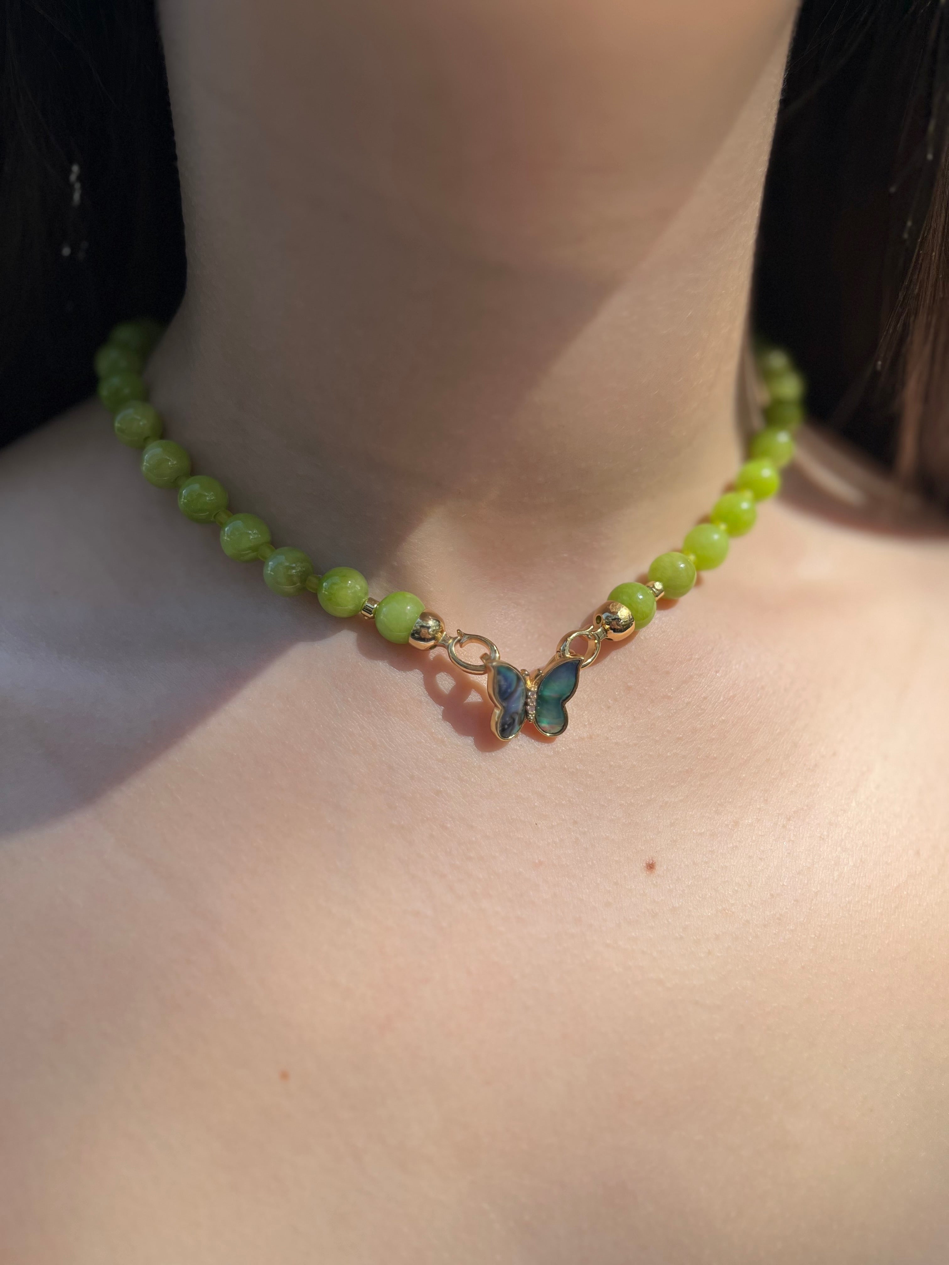 Natural Light Green Jade Necklace with 18K Gold Butterfly Clasp