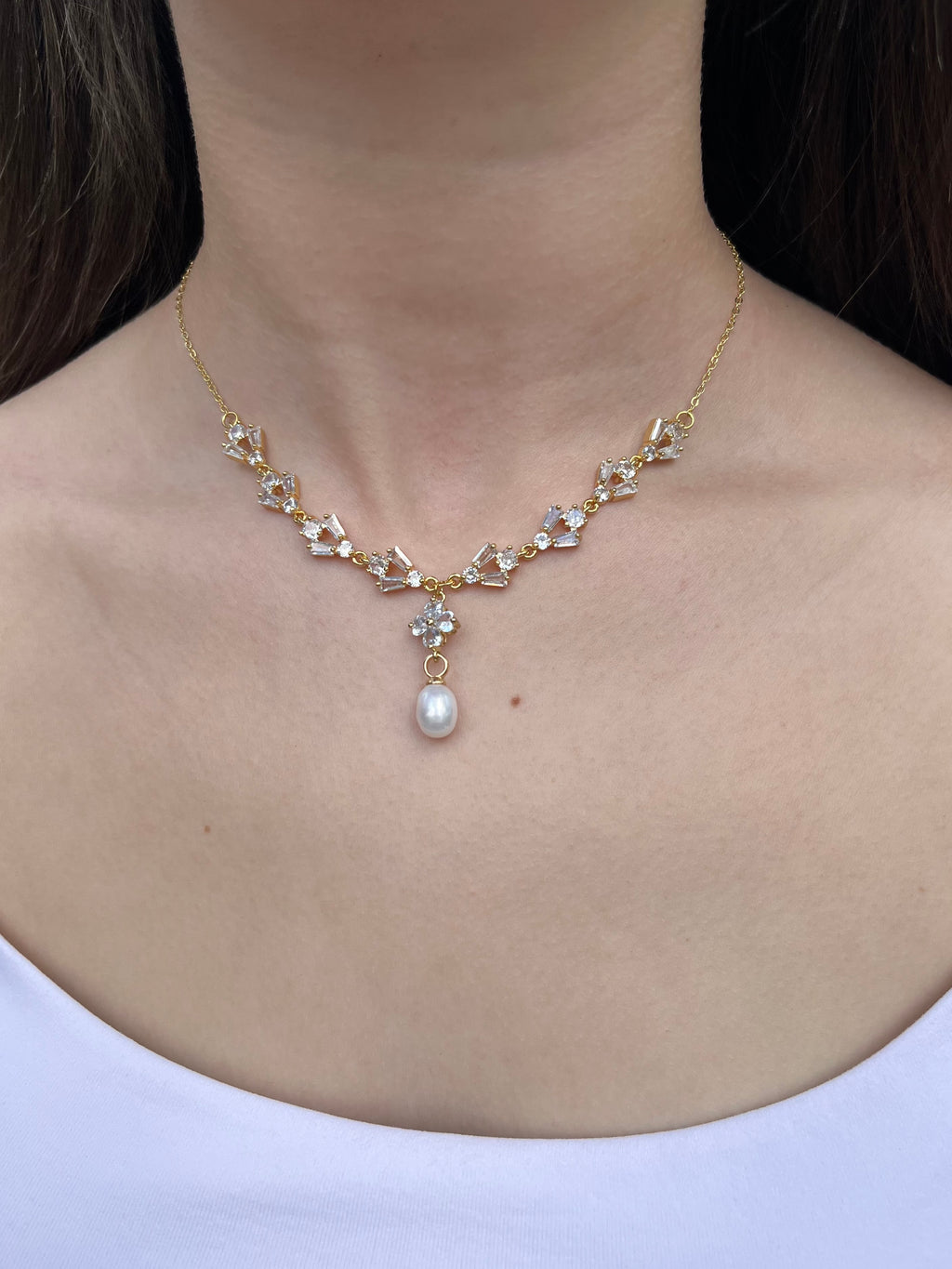 Natural Pearl & Zirconia Necklace with Earrings – 18K Gold Plated, Gift Box