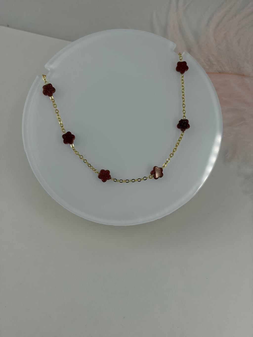 Red Sandstone Flower Necklace: 18K Gold Plated