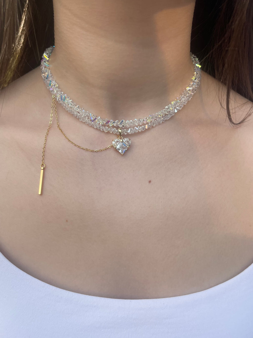 Set: Heart Crystal Choker Necklace and Earrings – 18K Gold Plated, Cubic Zirconia, Nickel Free