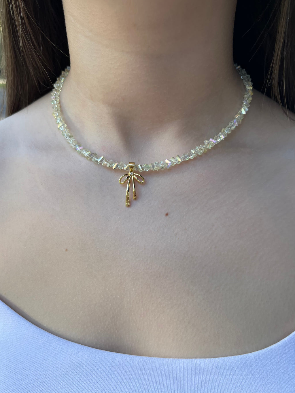 Crystal Glass Bead Choker: 18K Gold Bowknot Pendant