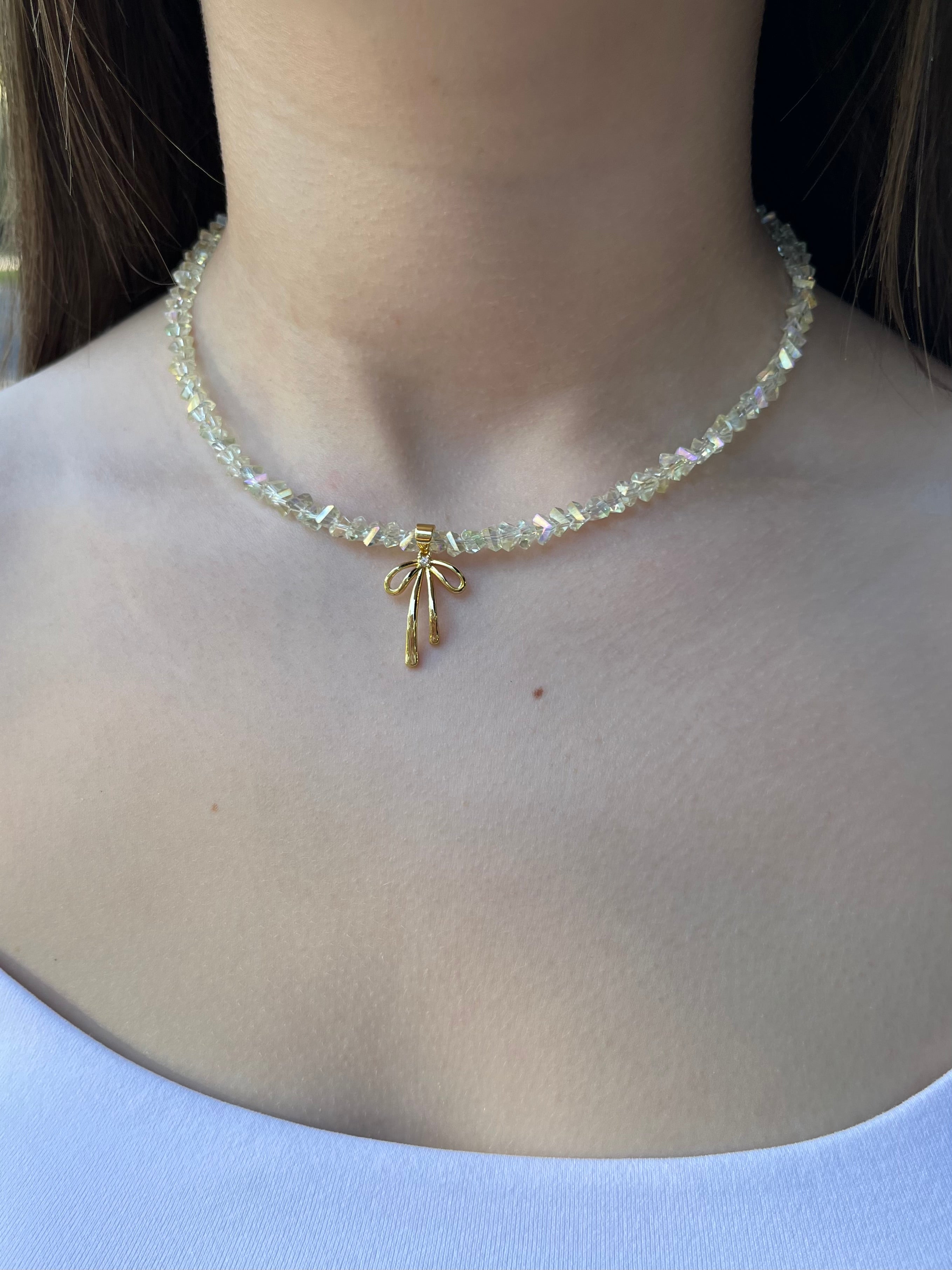 Crystal Glass Bead Choker: 18K Gold Bowknot Pendant