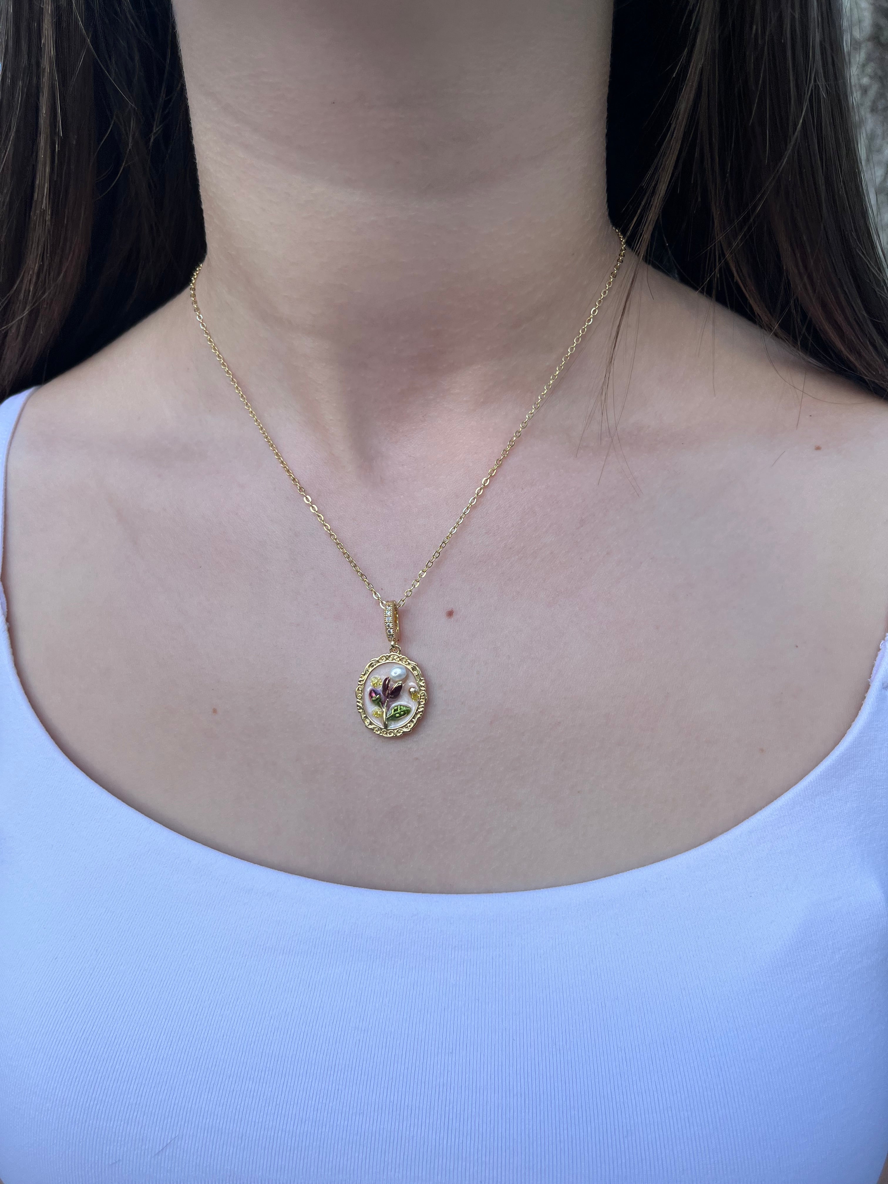 18K Gold Flower Enamel Pearl Pendant Necklace
