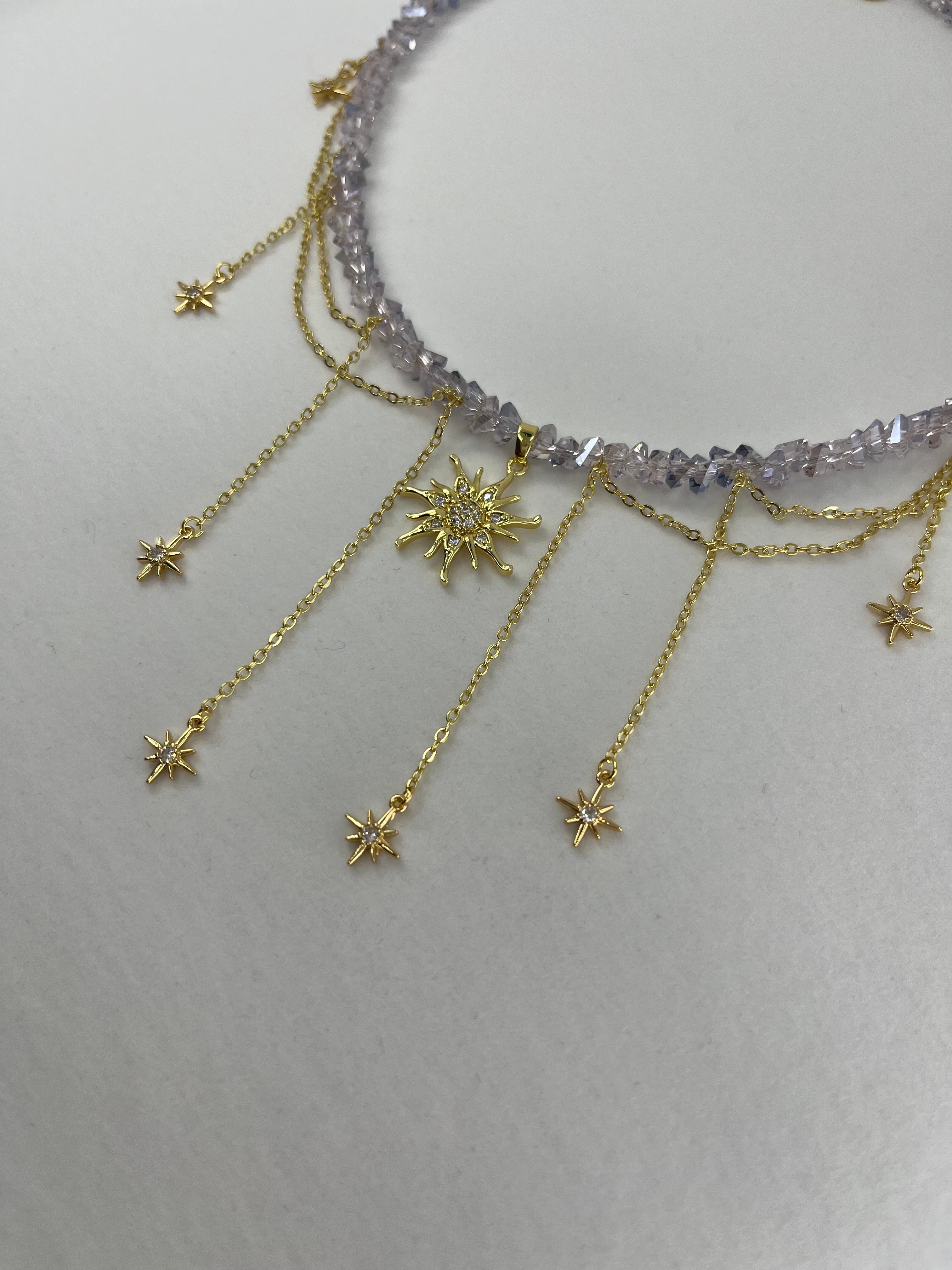 Handmade Crystal Sun & Star Necklace, 18K Gold Plated