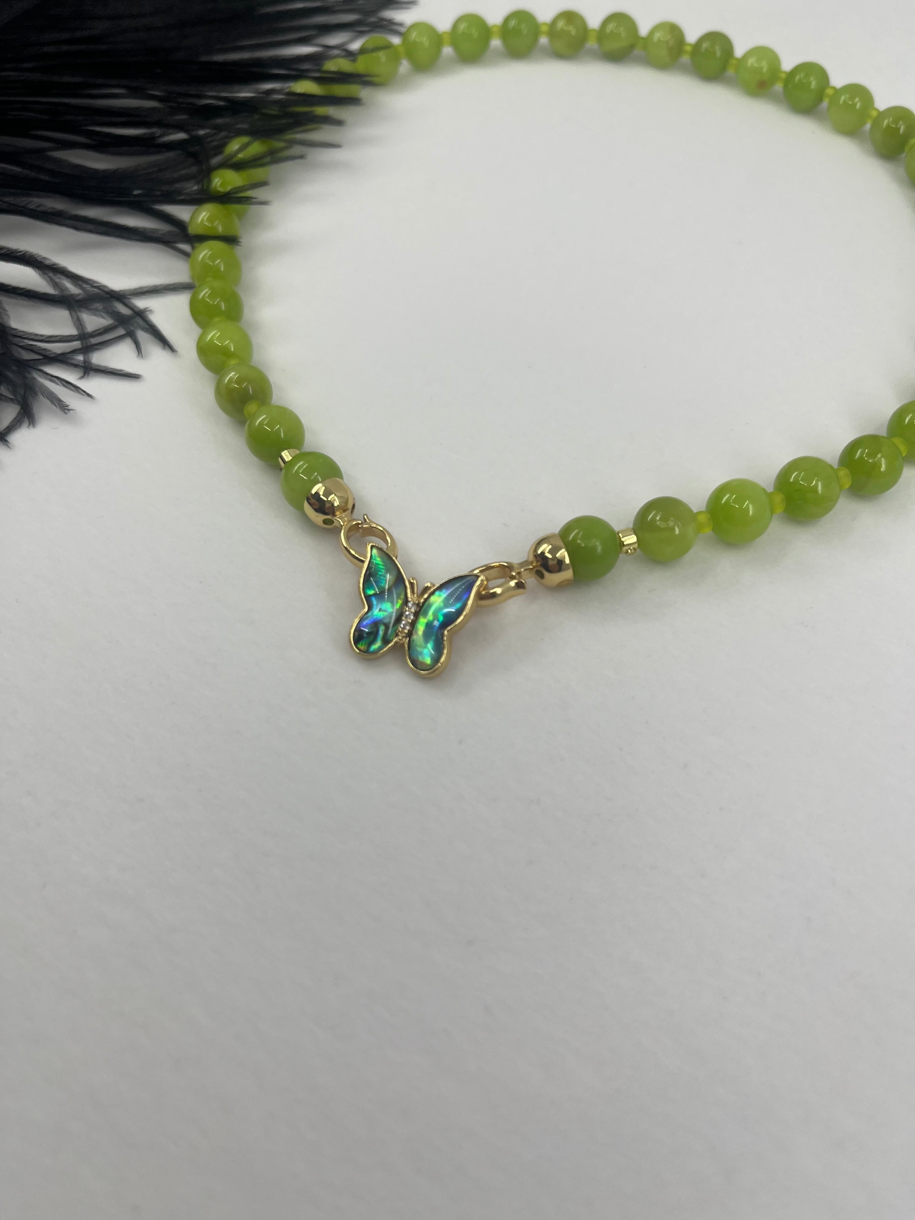 Natural Light Green Jade Necklace with 18K Gold Butterfly Clasp
