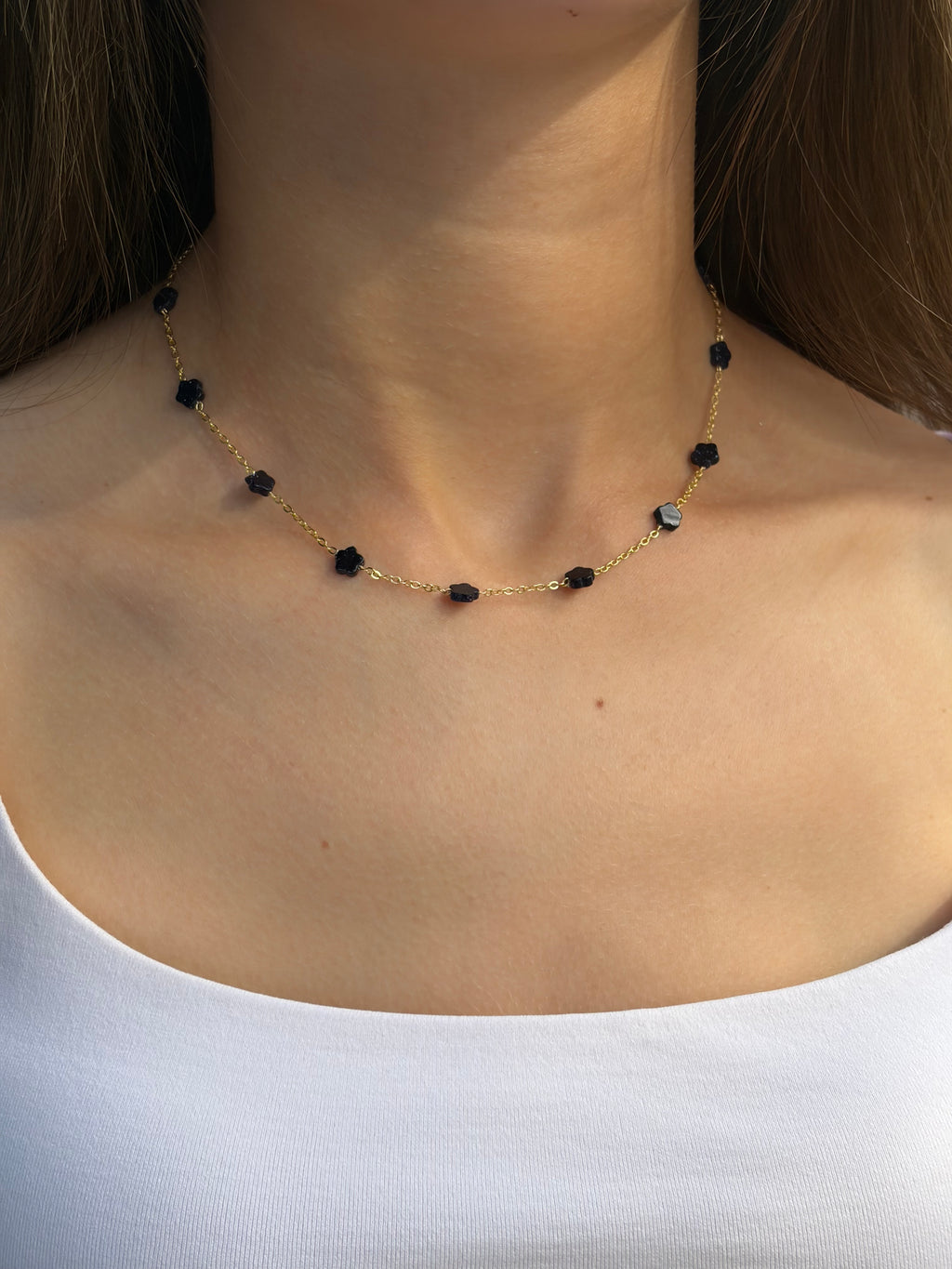 Black Blue Goldstone Flower Necklace: 18K Gold Plated