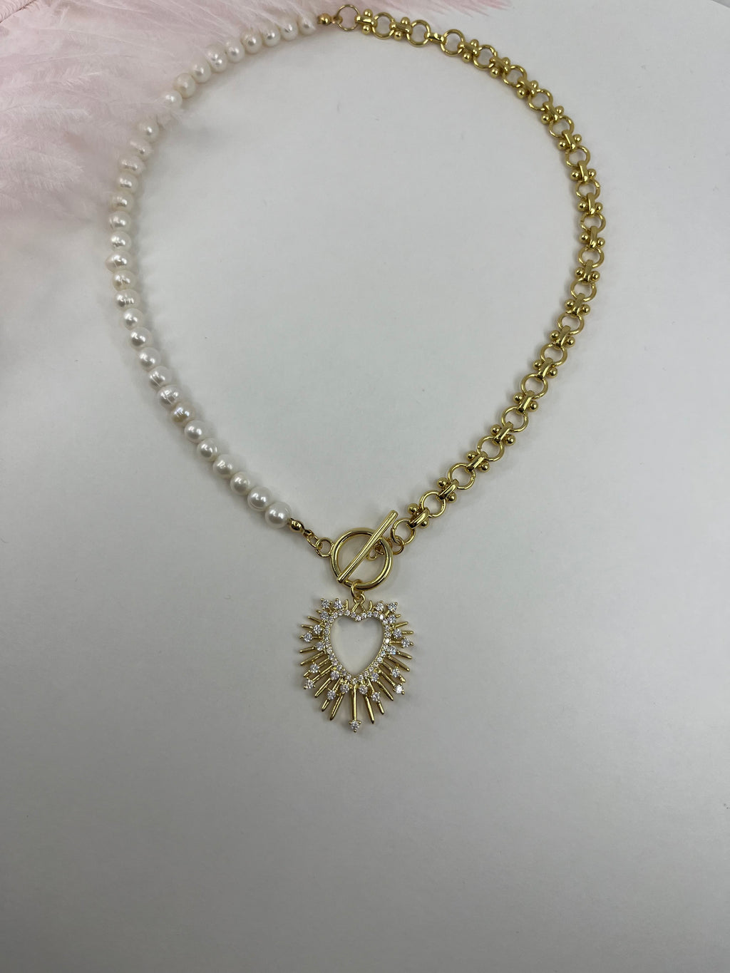 Asymmetrical Pearl Necklace with Heart Pendant, 18K Gold Plated Chain