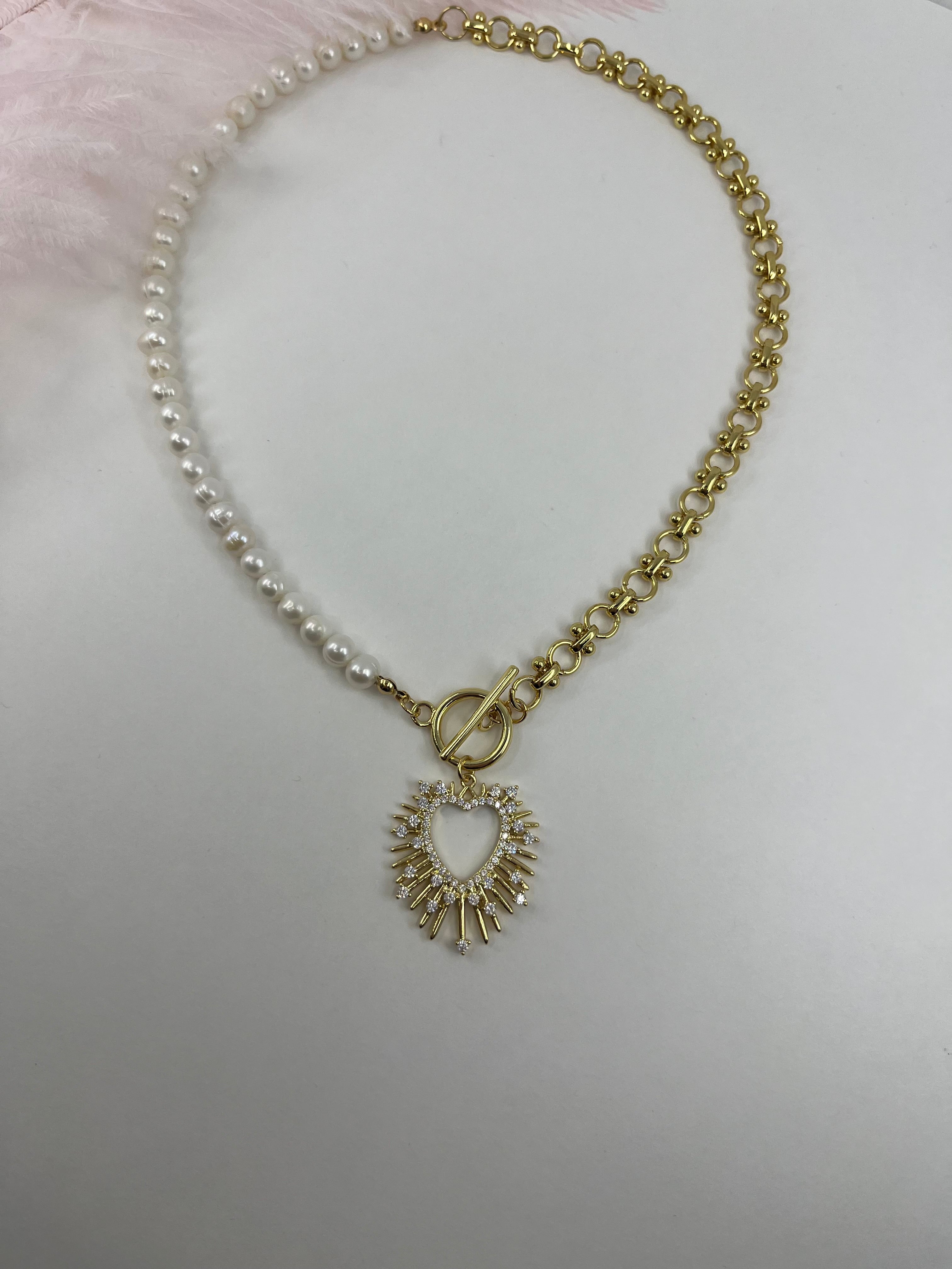 Asymmetrical Pearl Necklace with Heart Pendant, 18K Gold Plated Chain
