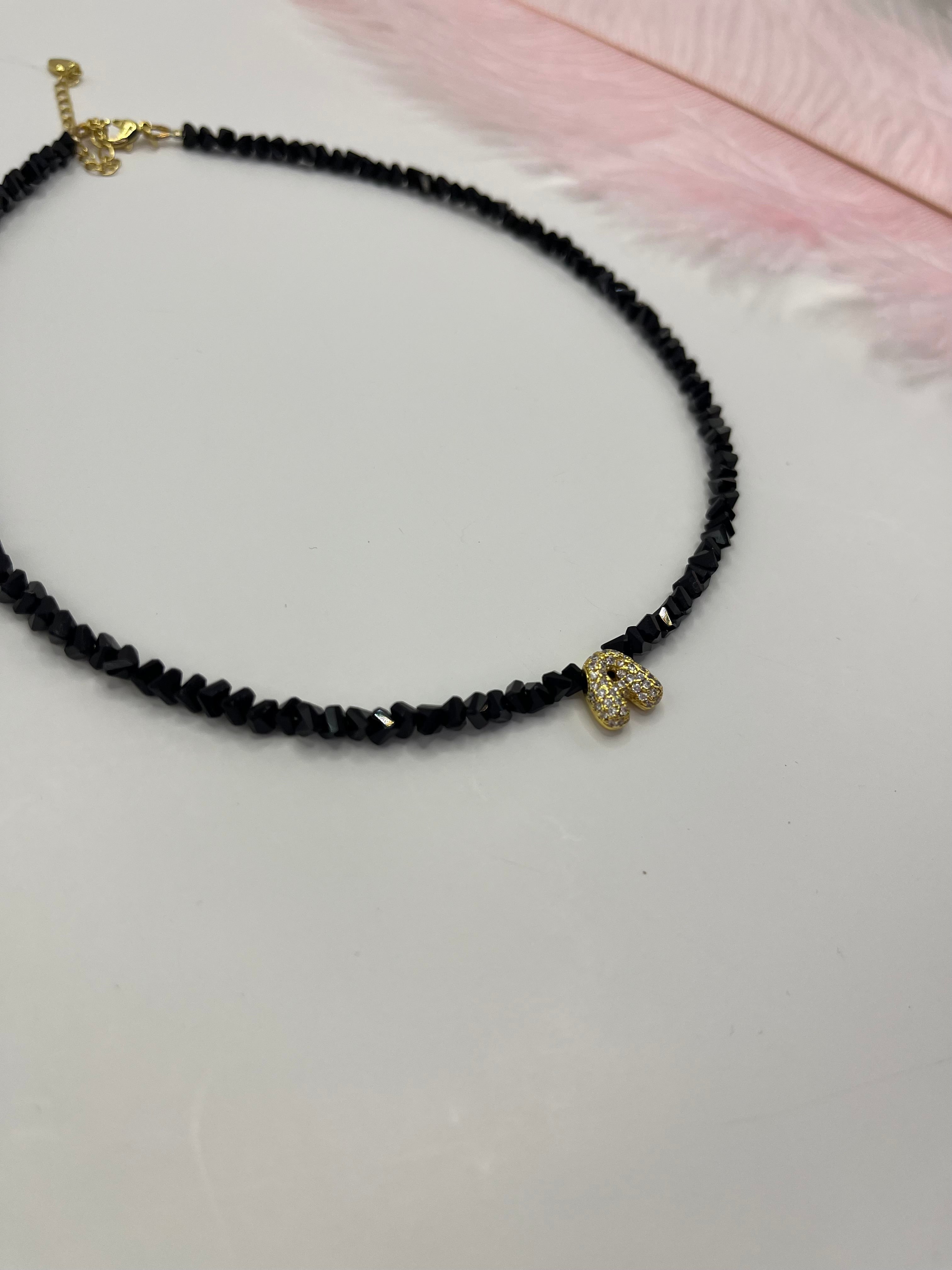 Initial Charm Black Crystal Necklace – 18K Gold Plated, Cubic Zirconia