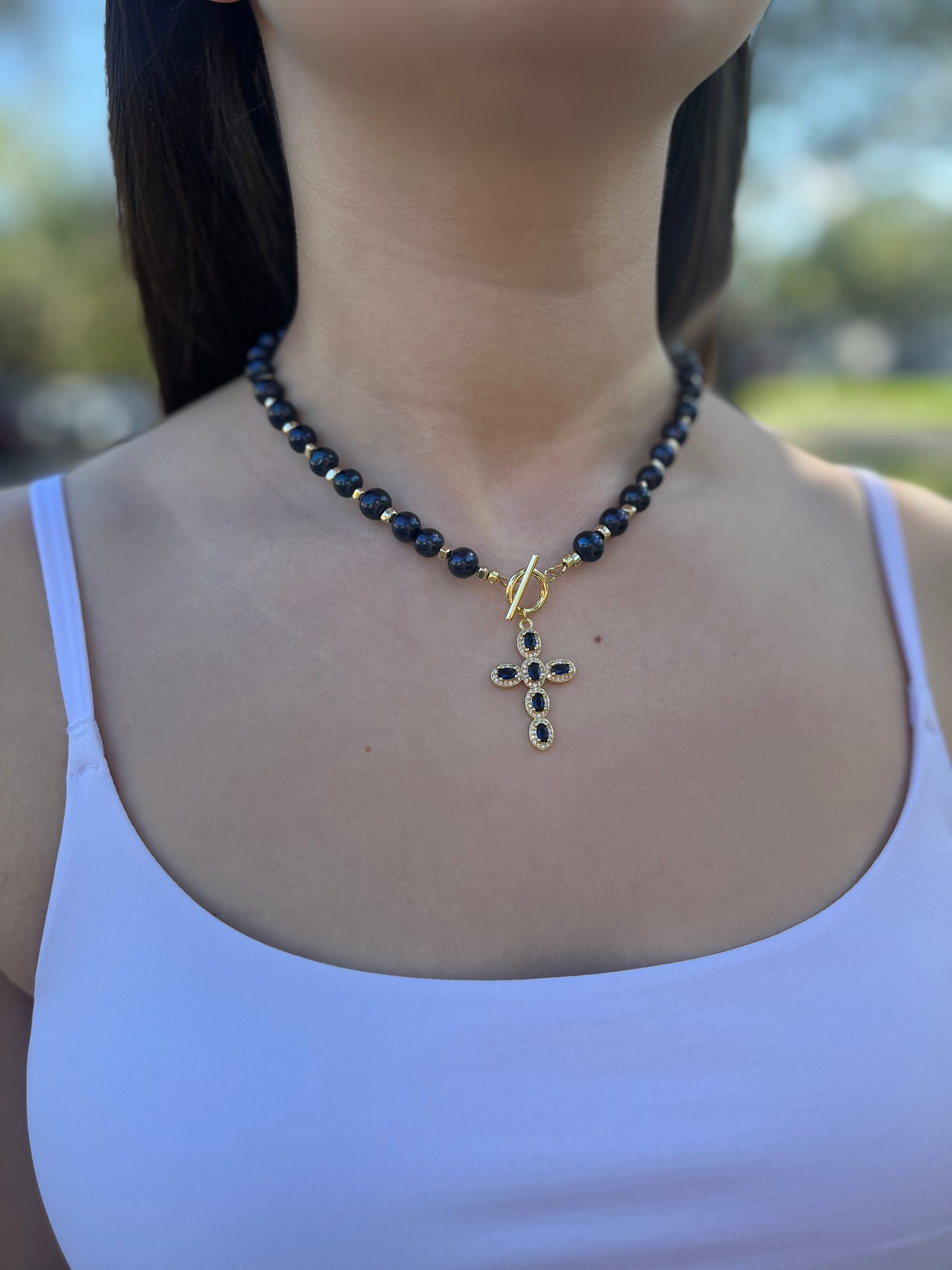 Blue Pearl Choker Necklace with Cross pendant: 18K Gold Plated