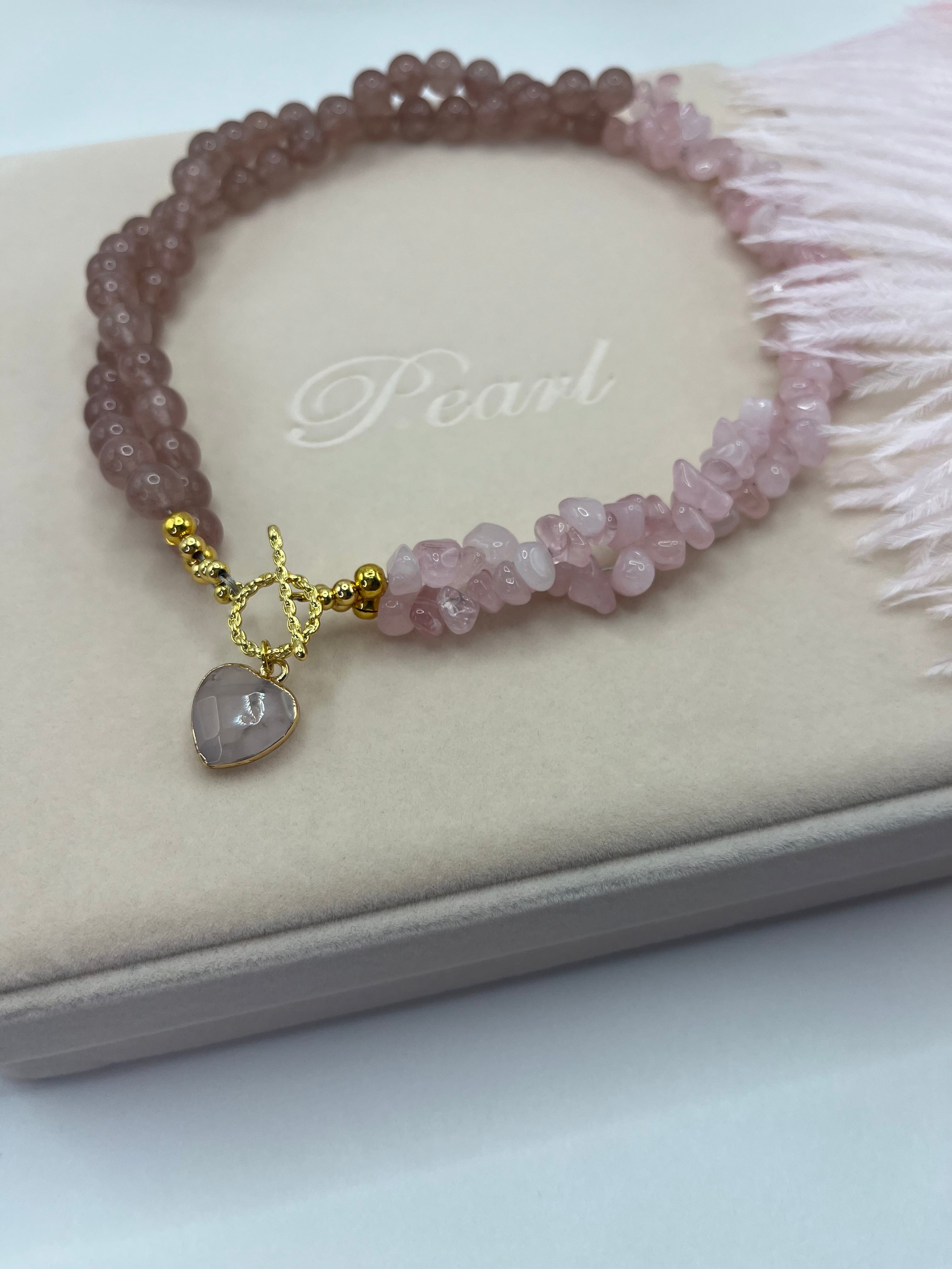 Asymmetrical Layered Strawberry Quartz Necklace with heart pendant: 18K Gold Plated Pendant