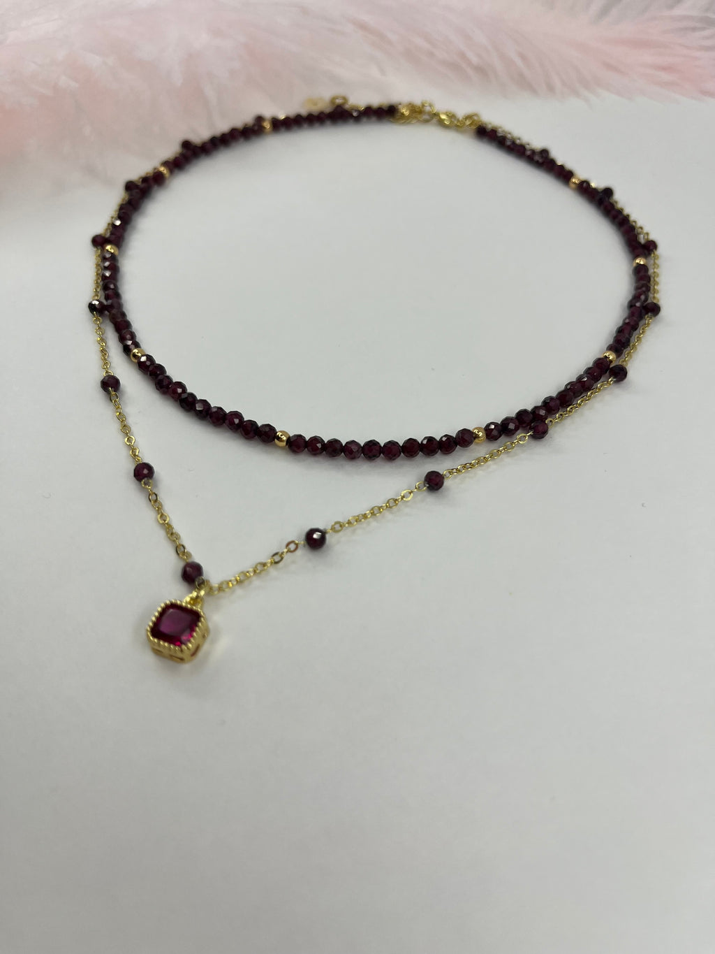 Layered Garnet necklace , 18K gold clasp