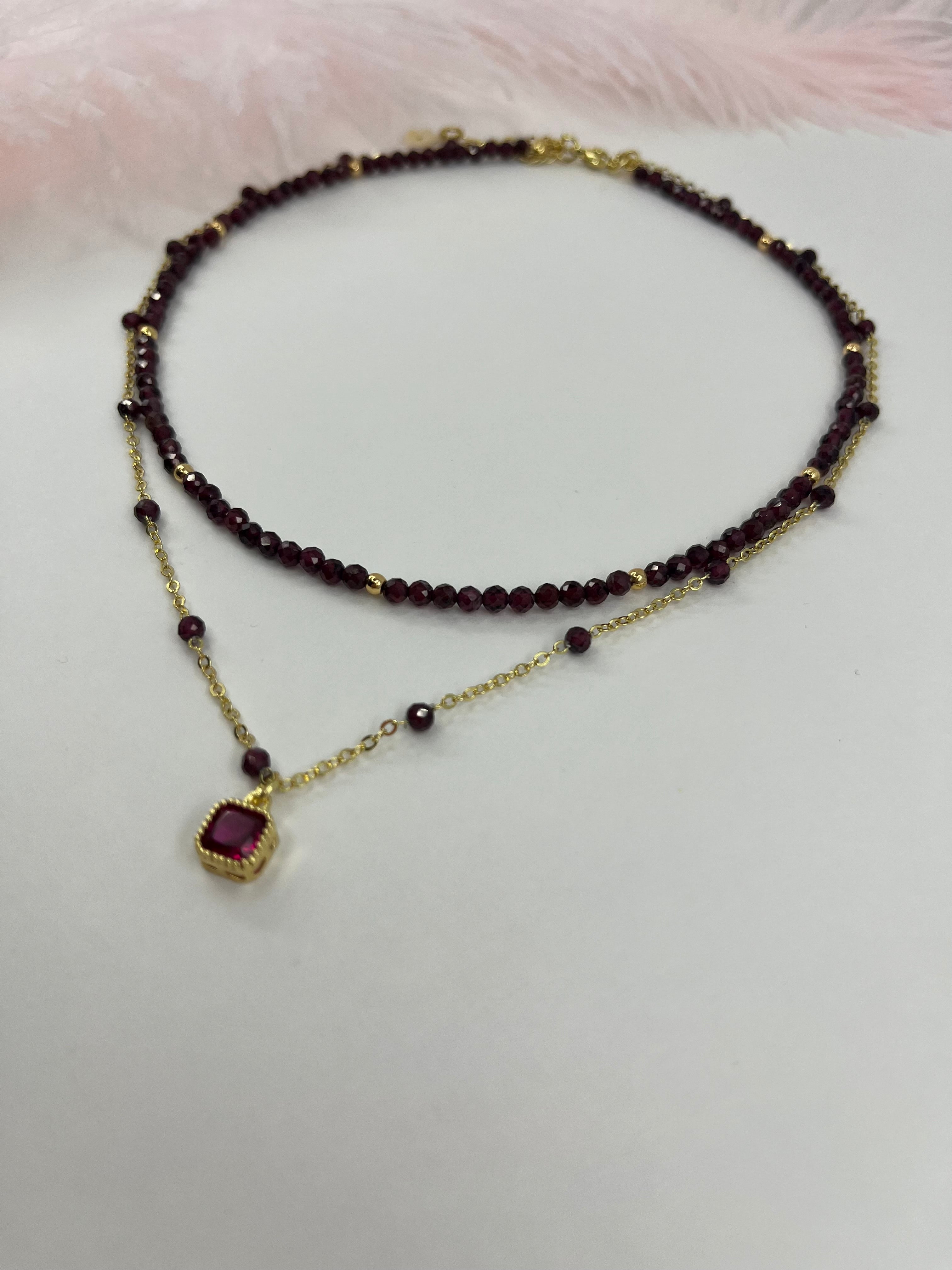 Layered Garnet necklace , 18K gold clasp