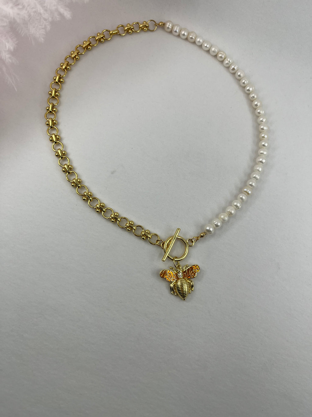 Asymmetrical Pearl Necklace with Bee Pendant, 18K Gold Plated Chain