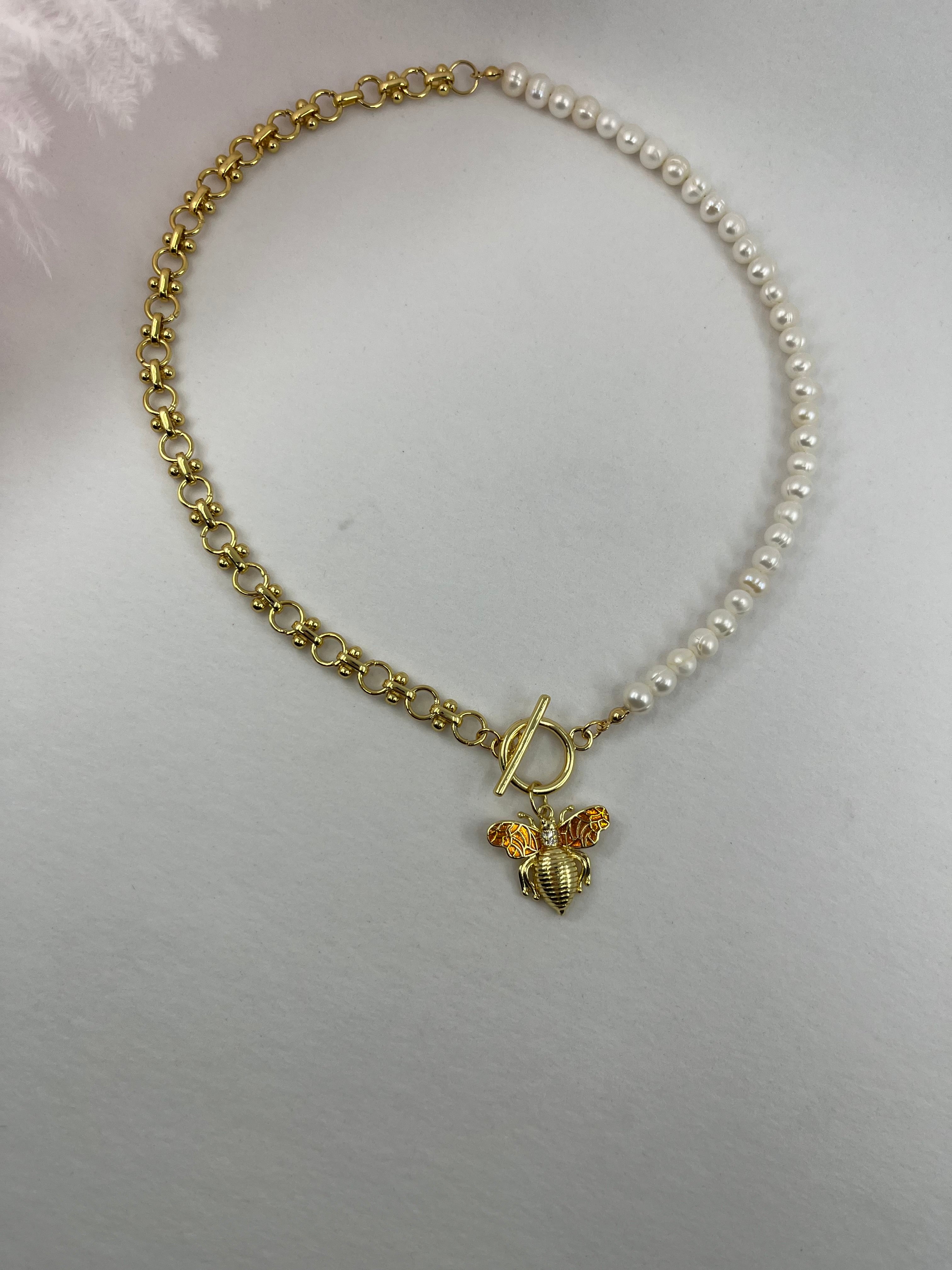 Asymmetrical Pearl Necklace with Bee Pendant, 18K Gold Plated Chain