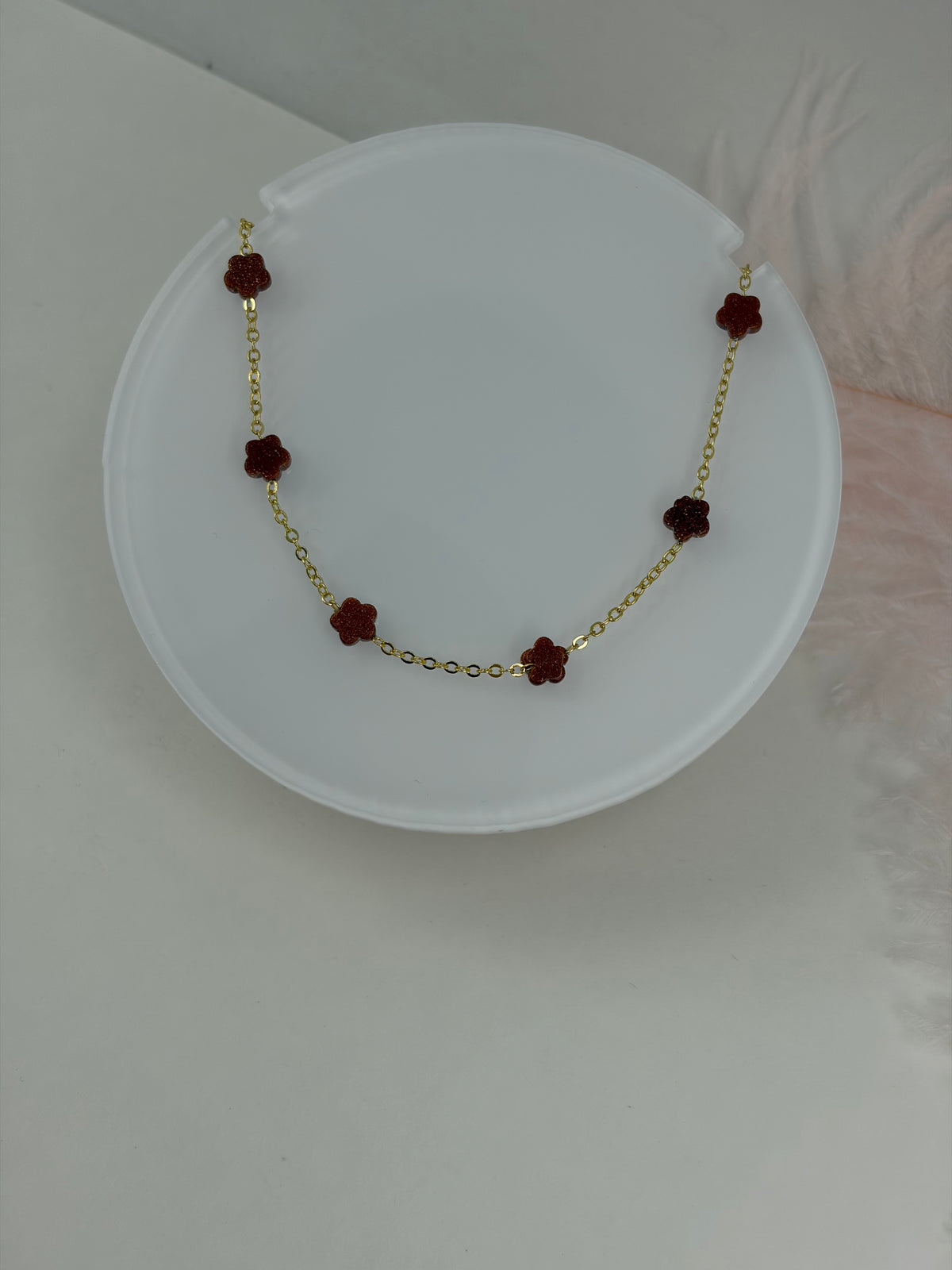 Red Sandstone Flower Necklace: 18K Gold Plated