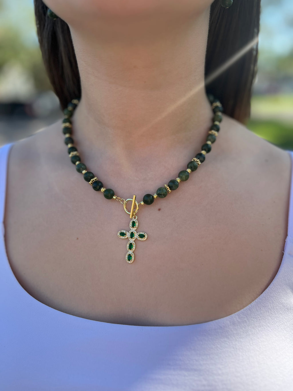 Set: Natural Taiwan Jade Necklace with Zirconia Cross 18K Gold plated