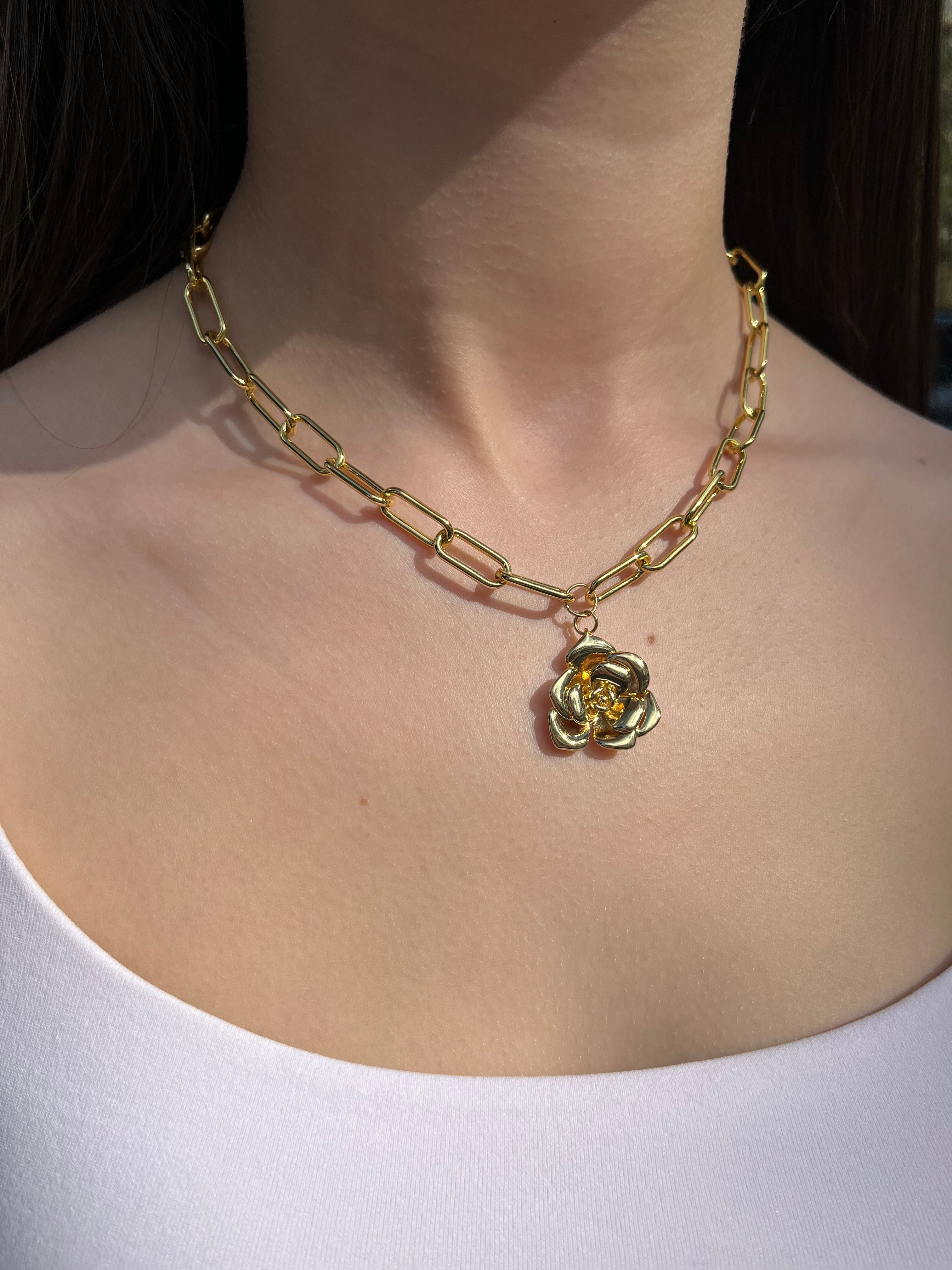 18K Gold Chunky Chain Necklace with rose