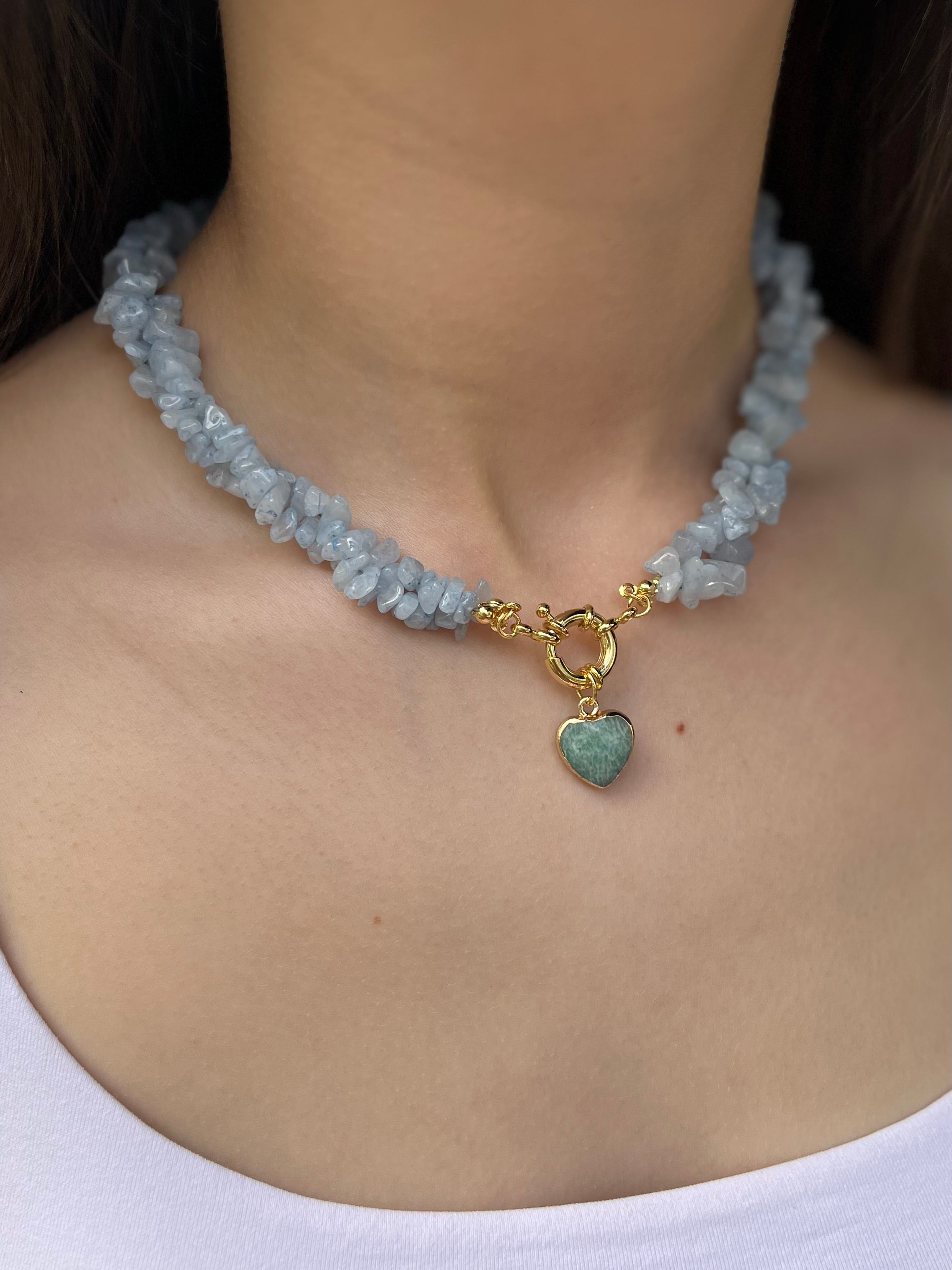 Natural Aquamarine Necklace with Amazonite heart pendant