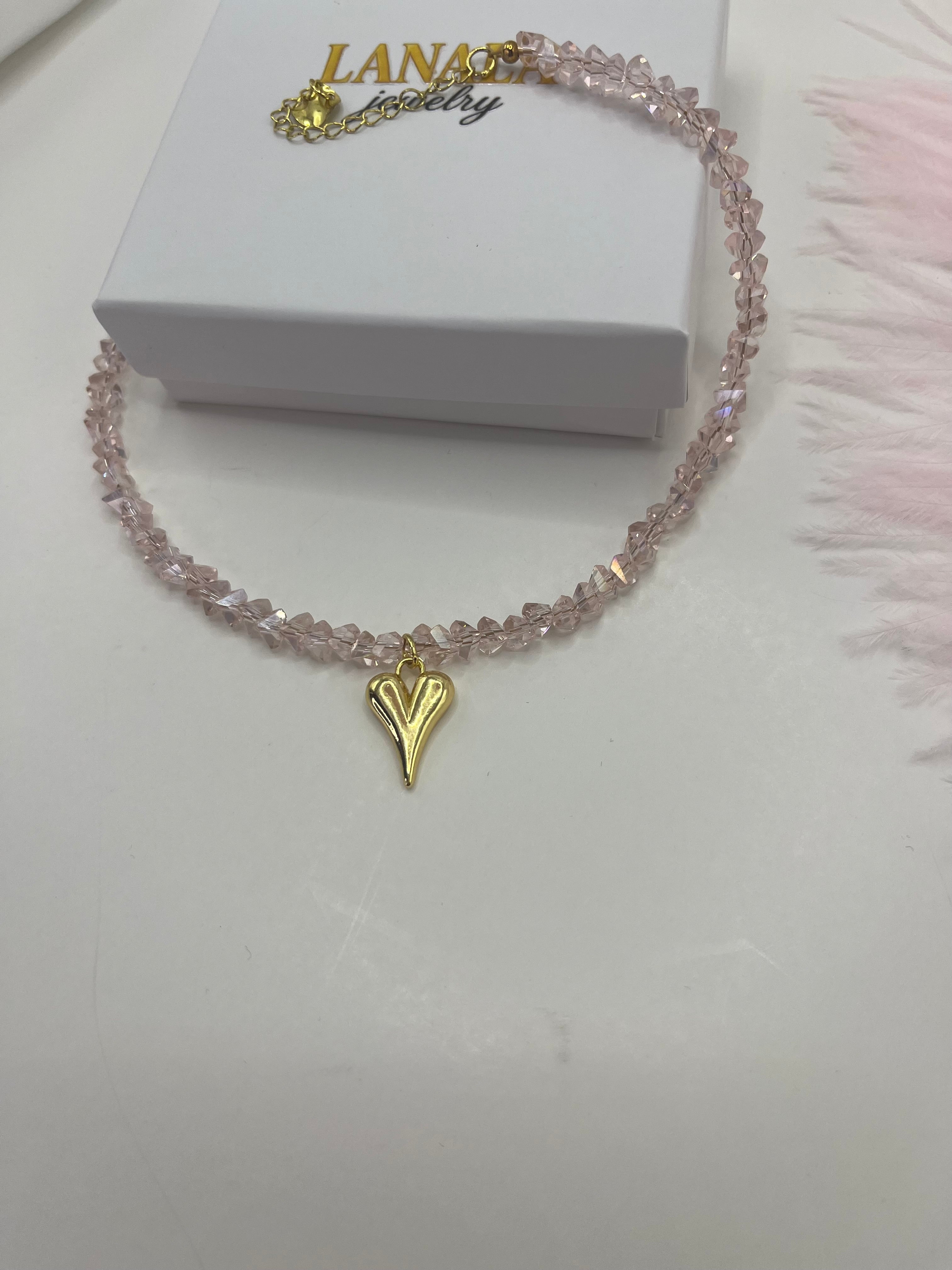 Crystal Glass Bead Choker: 18K Gold Heart Pendant