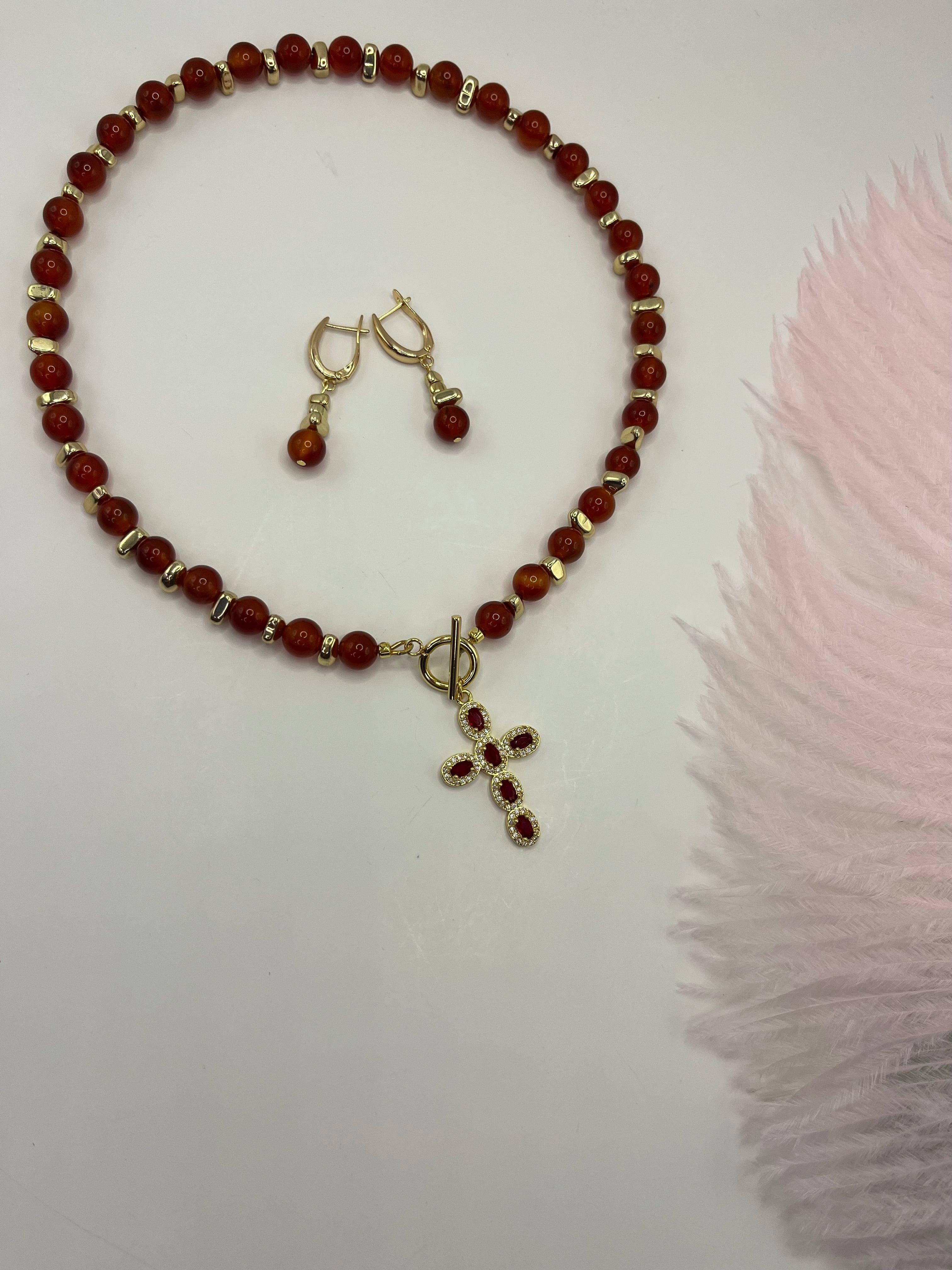 Set: Natural Carnelian Necklace with 18K Gold Cross and earrings