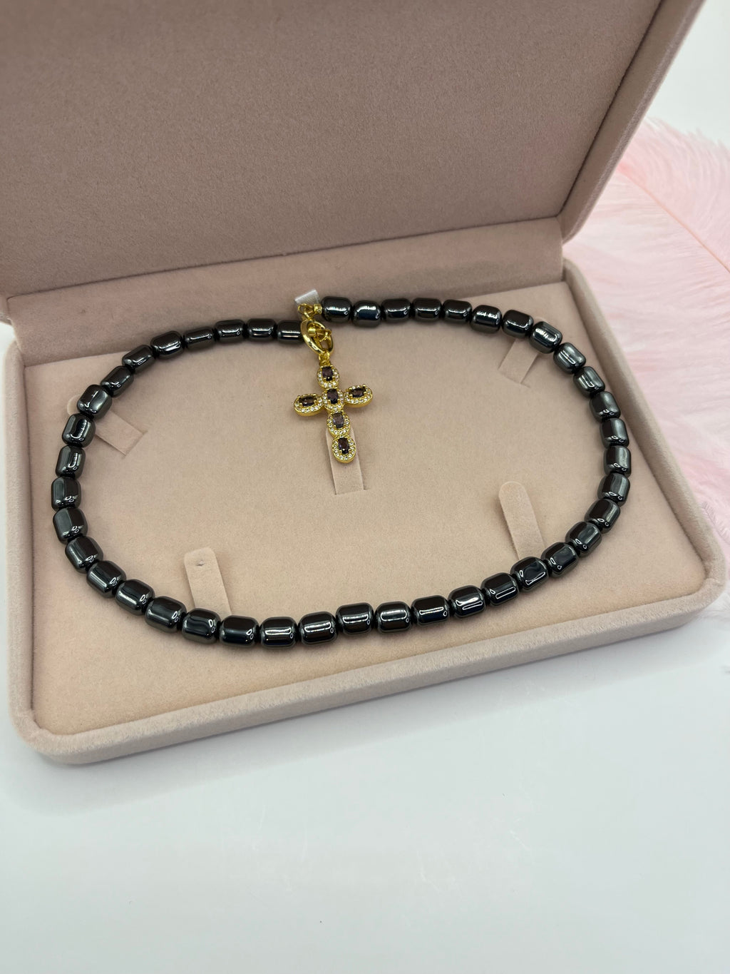 Hematite Choker Necklace with Cross pendant: 18K Gold Plated