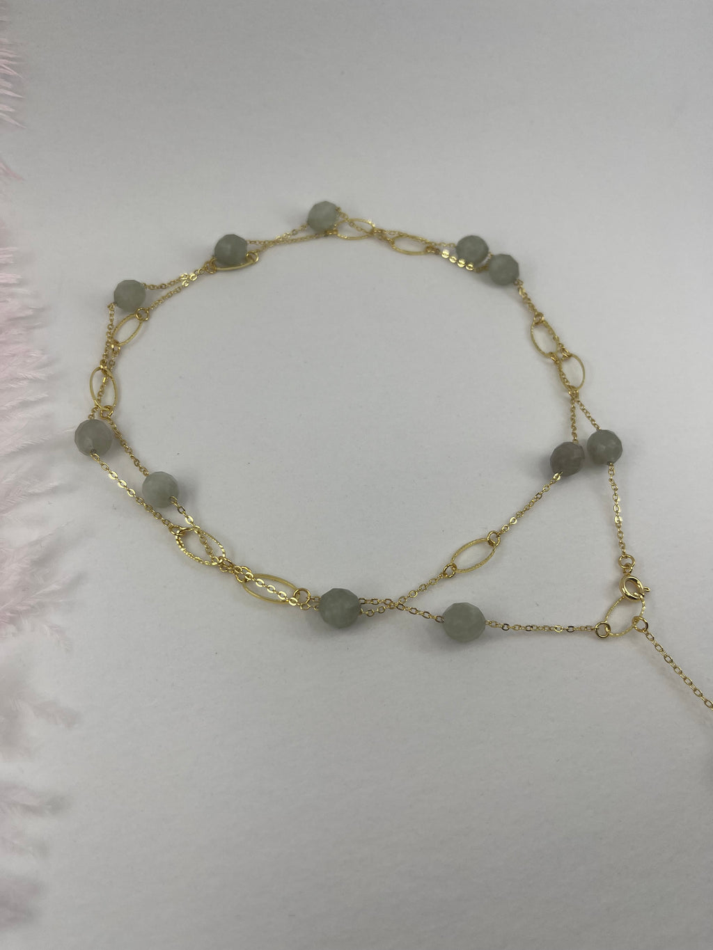 Layered Long Natural Malaysia Jade Necklace with 18K Gold chain