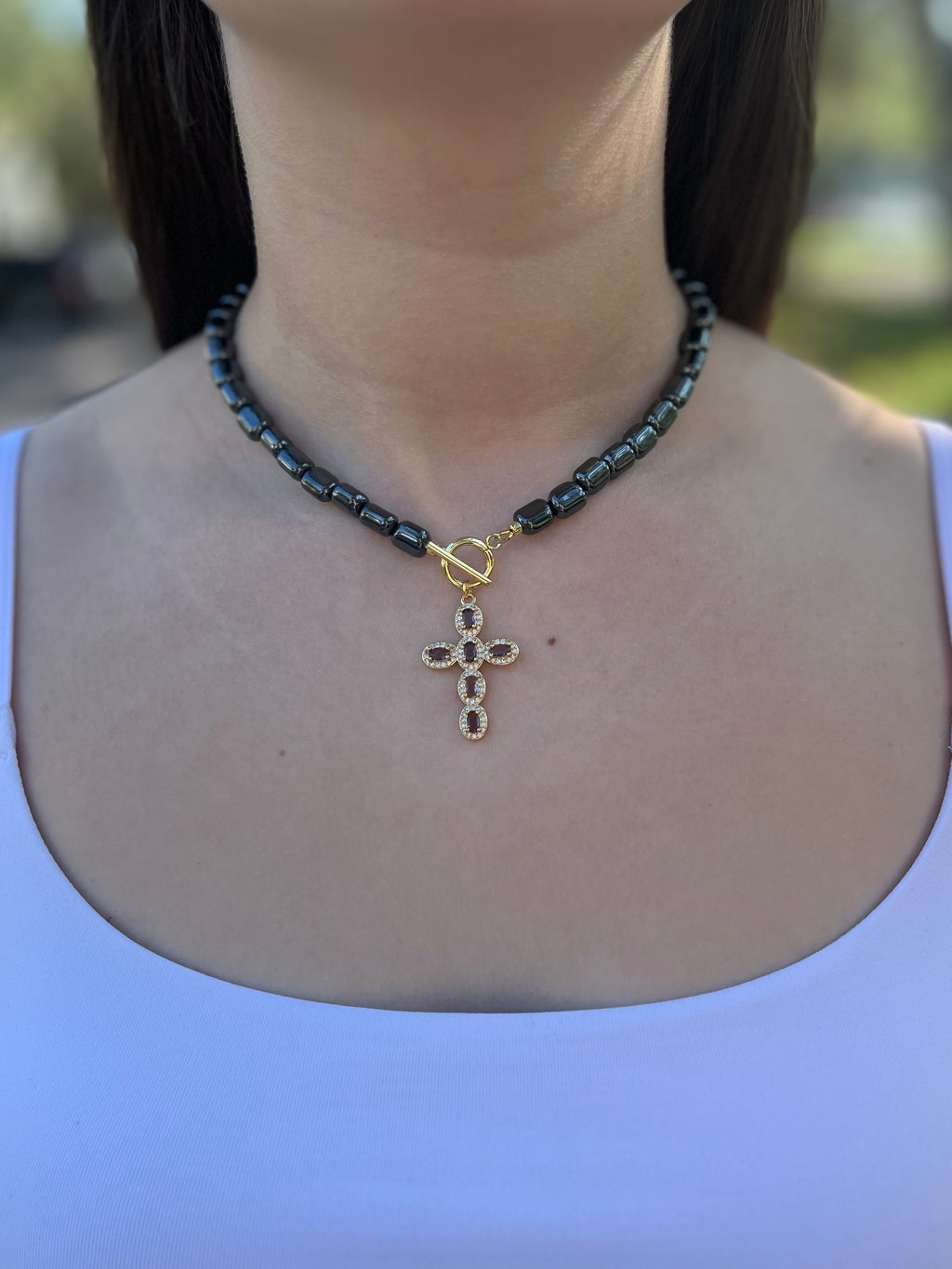 Hematite Choker Necklace with Cross pendant: 18K Gold Plated