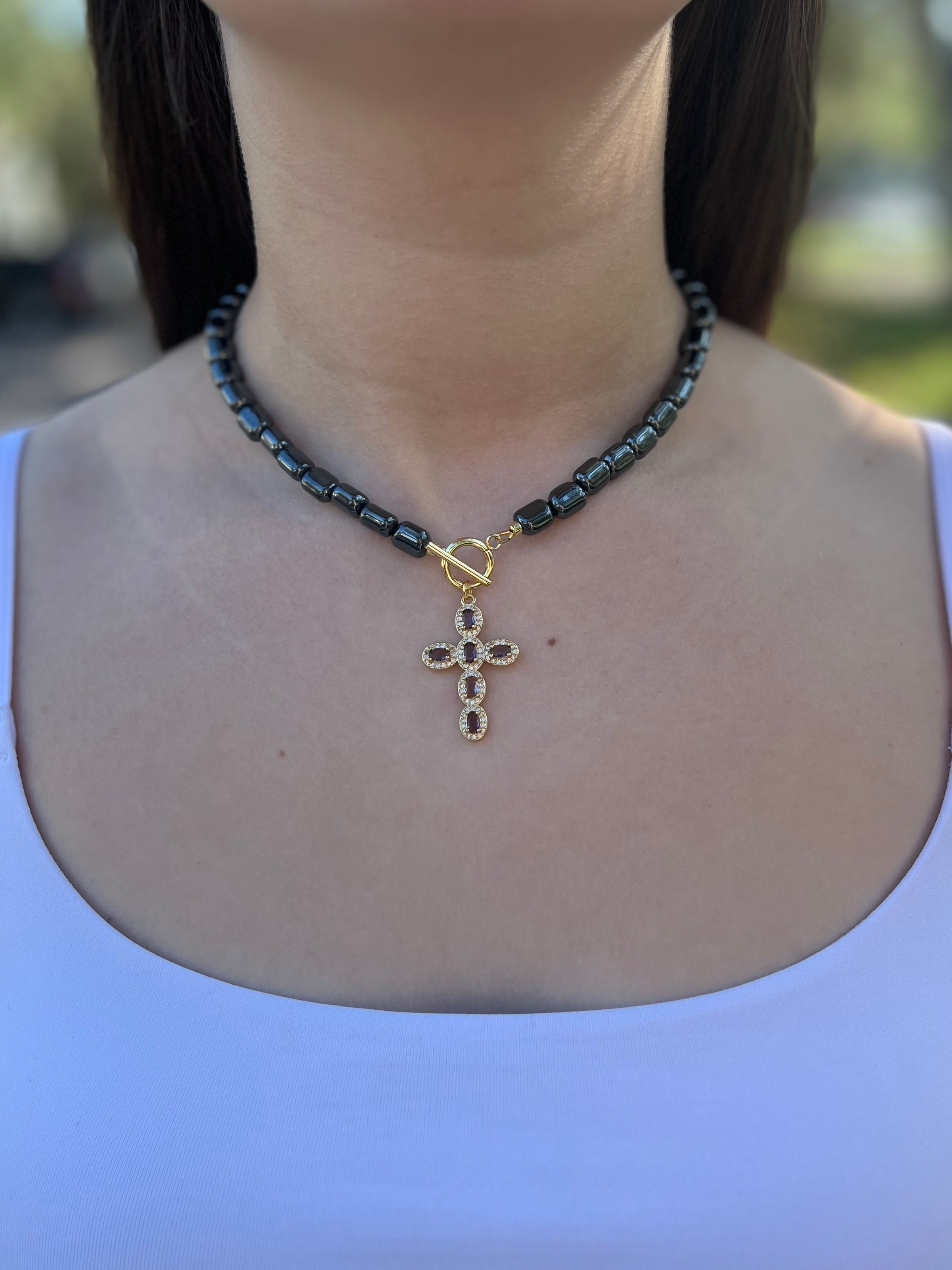 Hematite Choker Necklace with Cross pendant: 18K Gold Plated