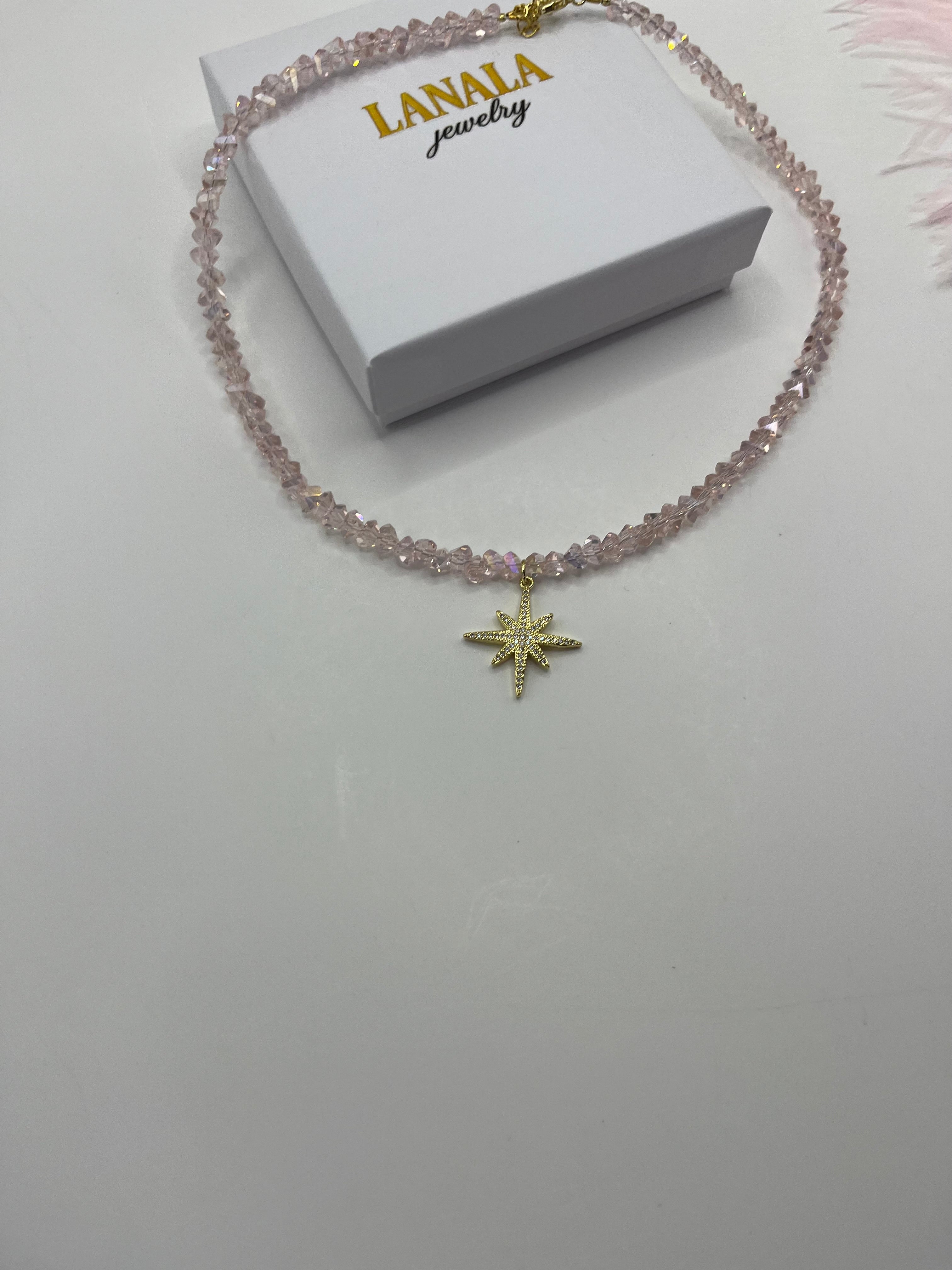 Crystal Glass Bead Choker: 18K Gold Star Pendant