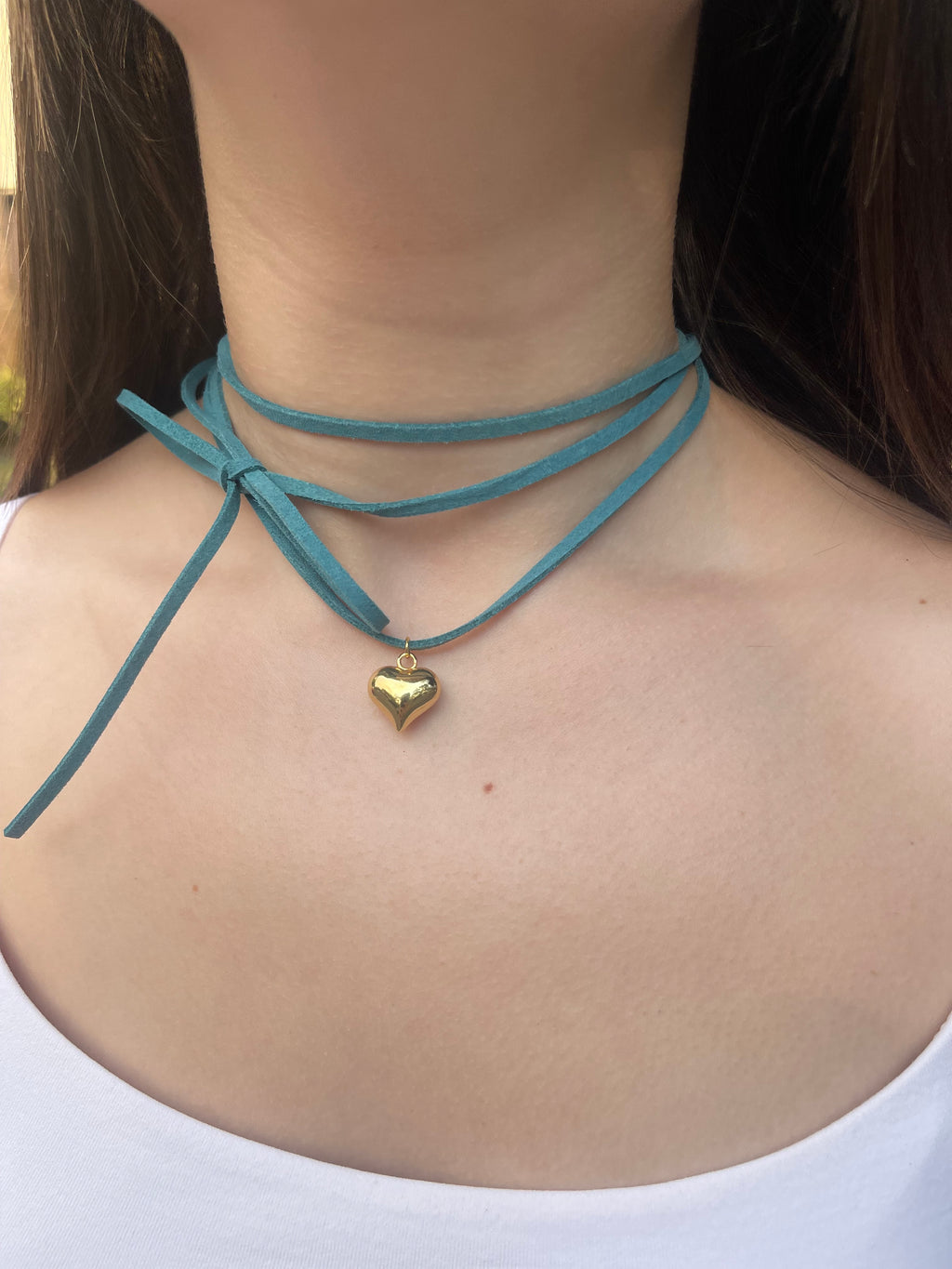 Turquoise Suede Bow Tie Wrap Choker, 18K gold Heart Pendant Necklace