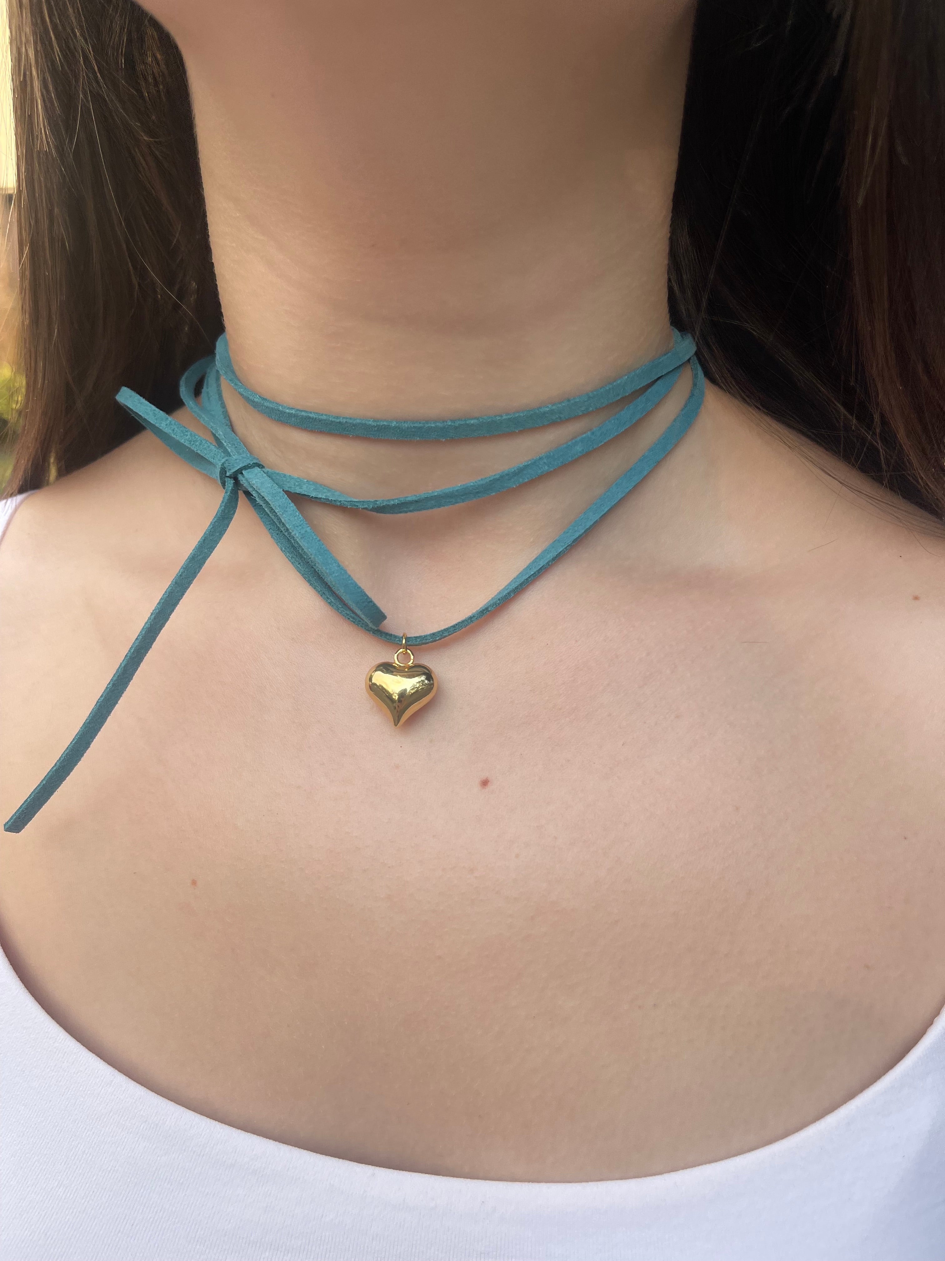 Turquoise Suede Bow Tie Wrap Choker, 18K gold Heart Pendant Necklace